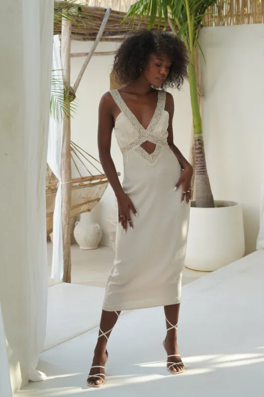 Kristin Lace Cut Out Midi Dress - Champagne sold by Meshki