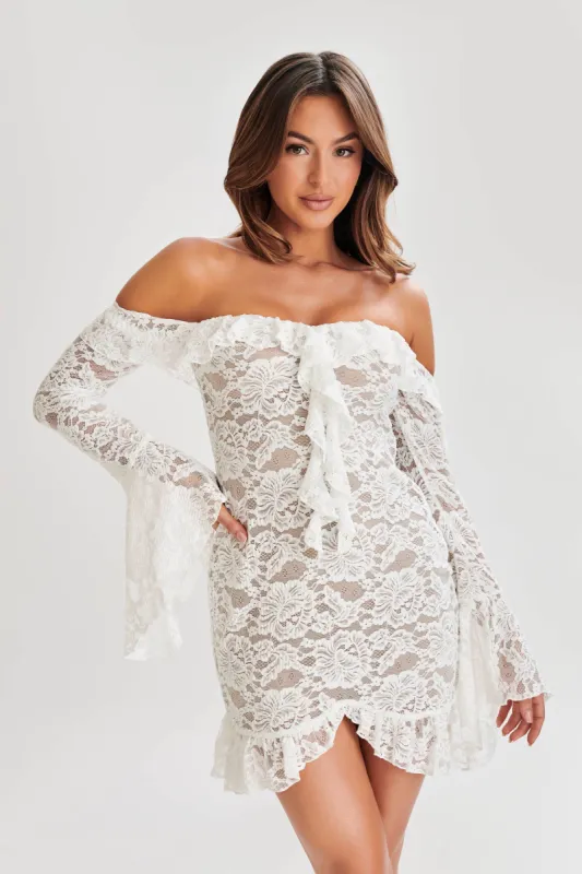 Lindsey Lace Plisse Mini Dress - Ivory sold by Meshki