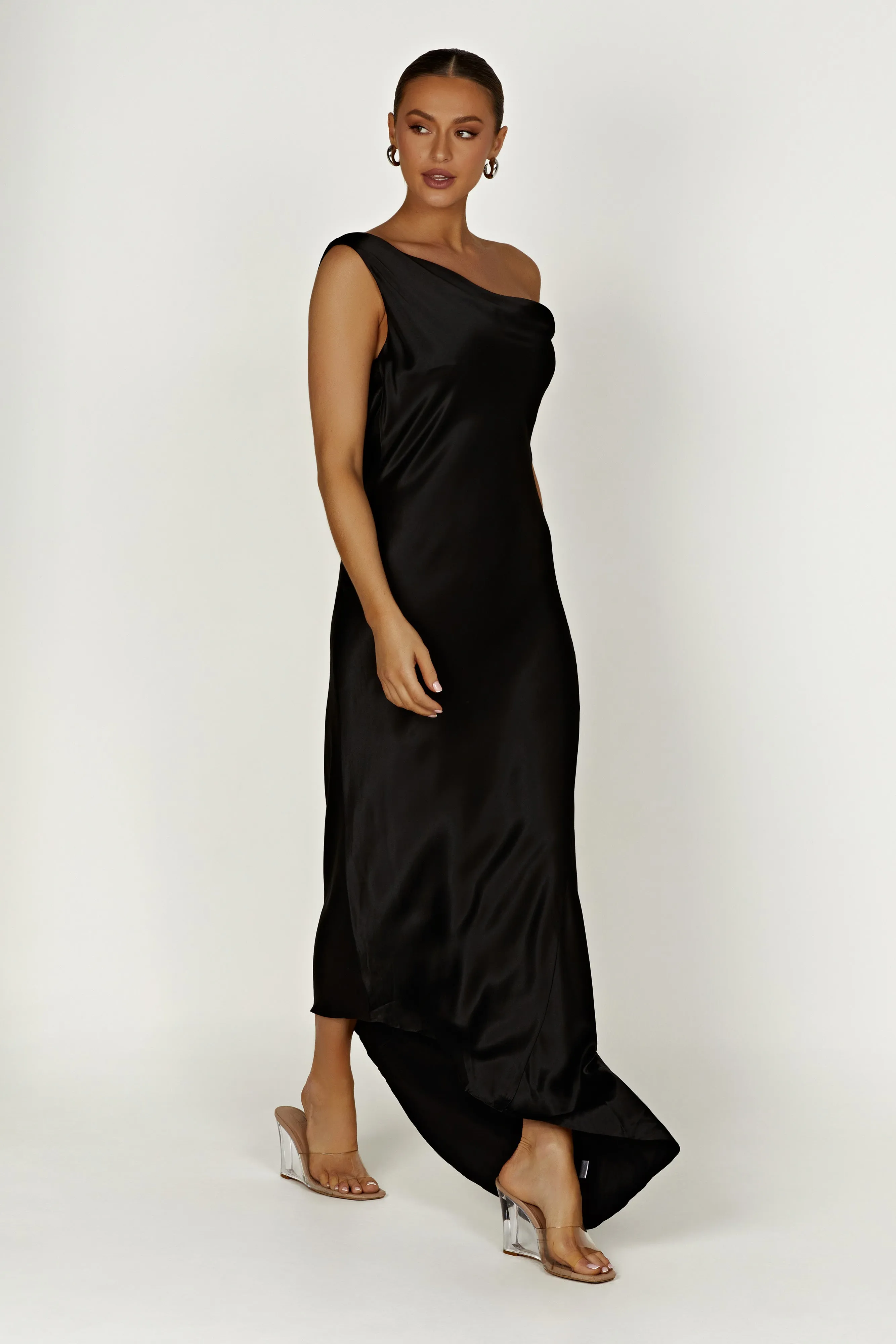 Yvette Slip Maxi Dress With Asymmetrical Hem - Black sold by Meshki product image thumbnail 5