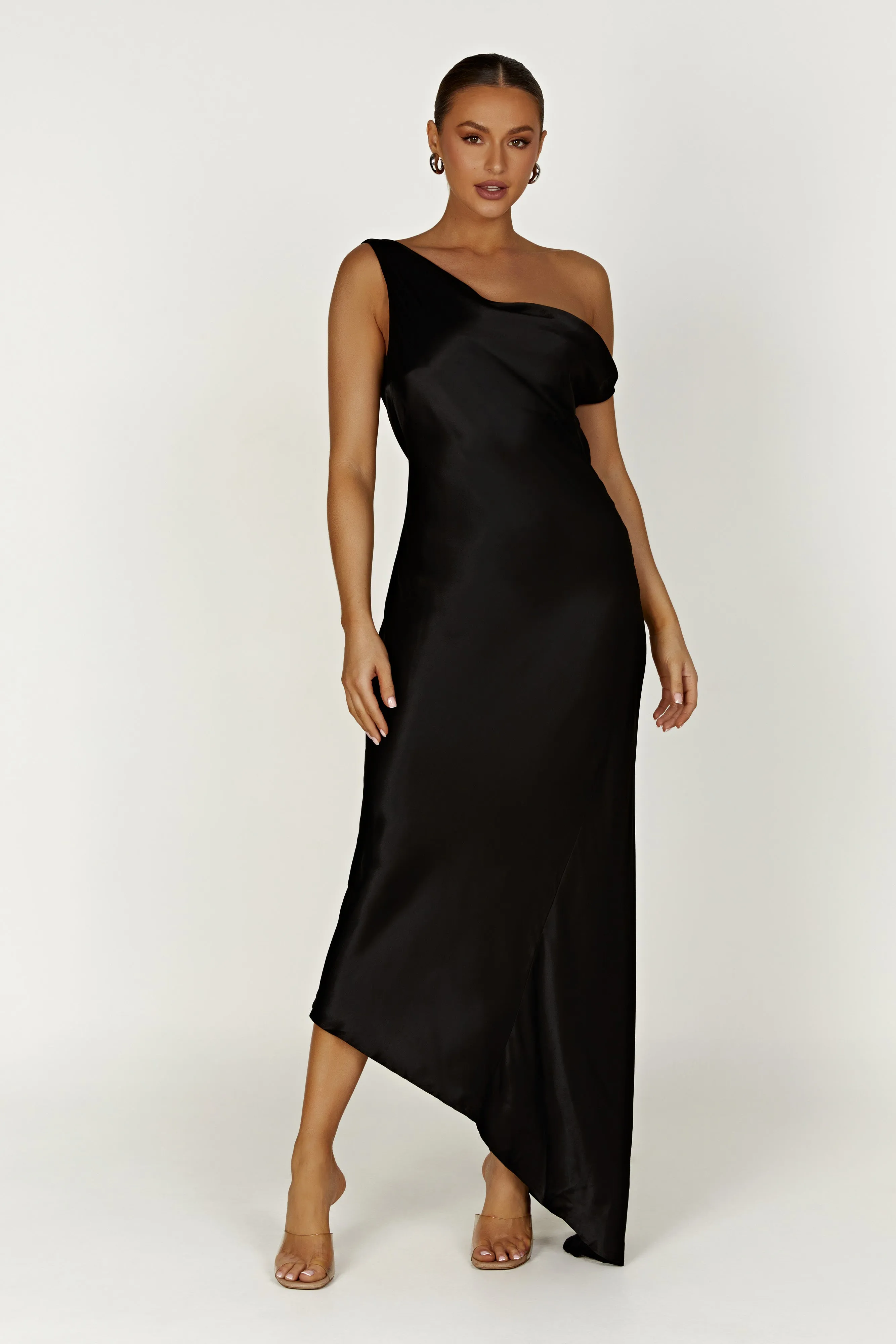 Yvette Slip Maxi Dress With Asymmetrical Hem - Black sold by Meshki product image thumbnail 3