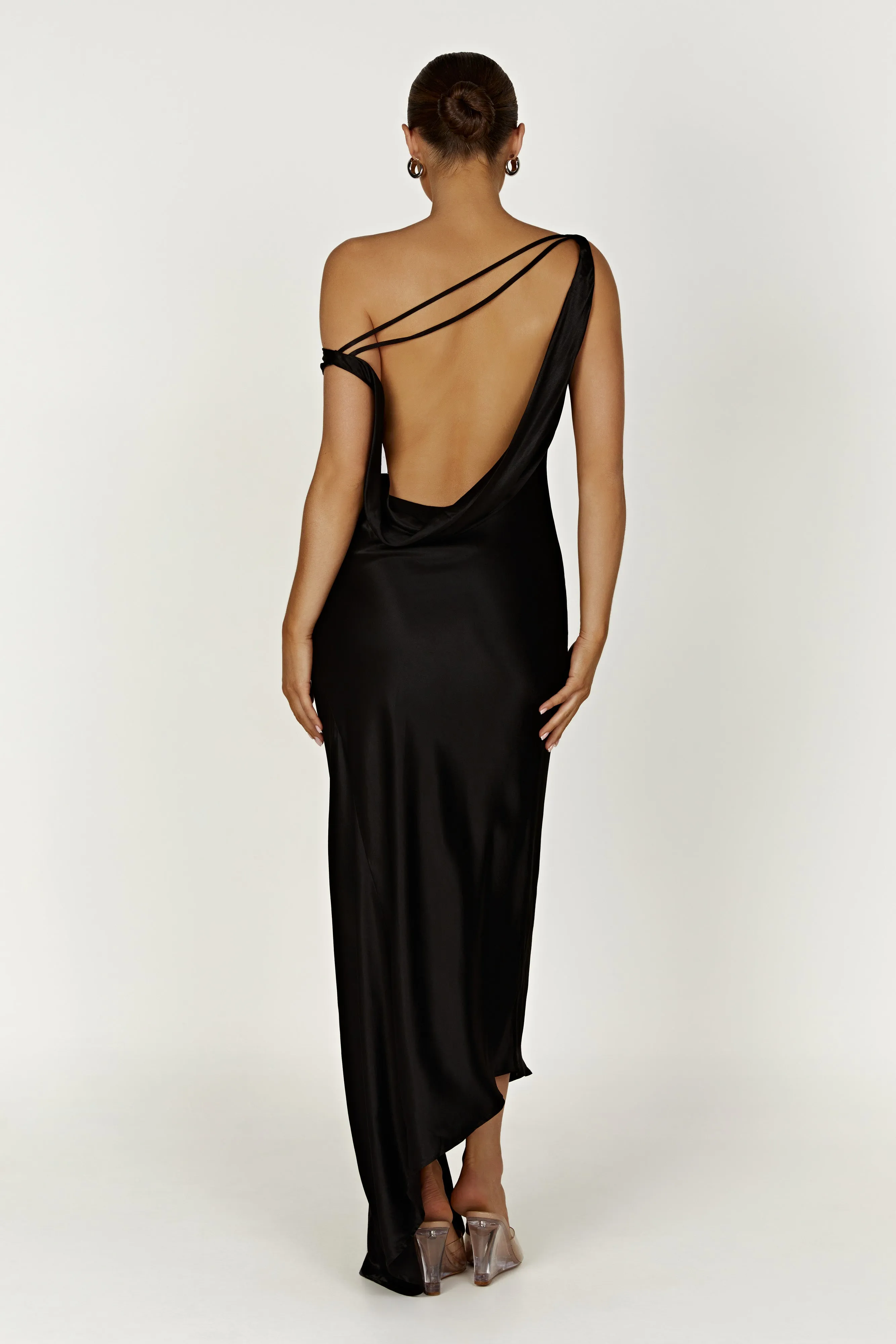 Yvette Slip Maxi Dress With Asymmetrical Hem - Black sold by Meshki