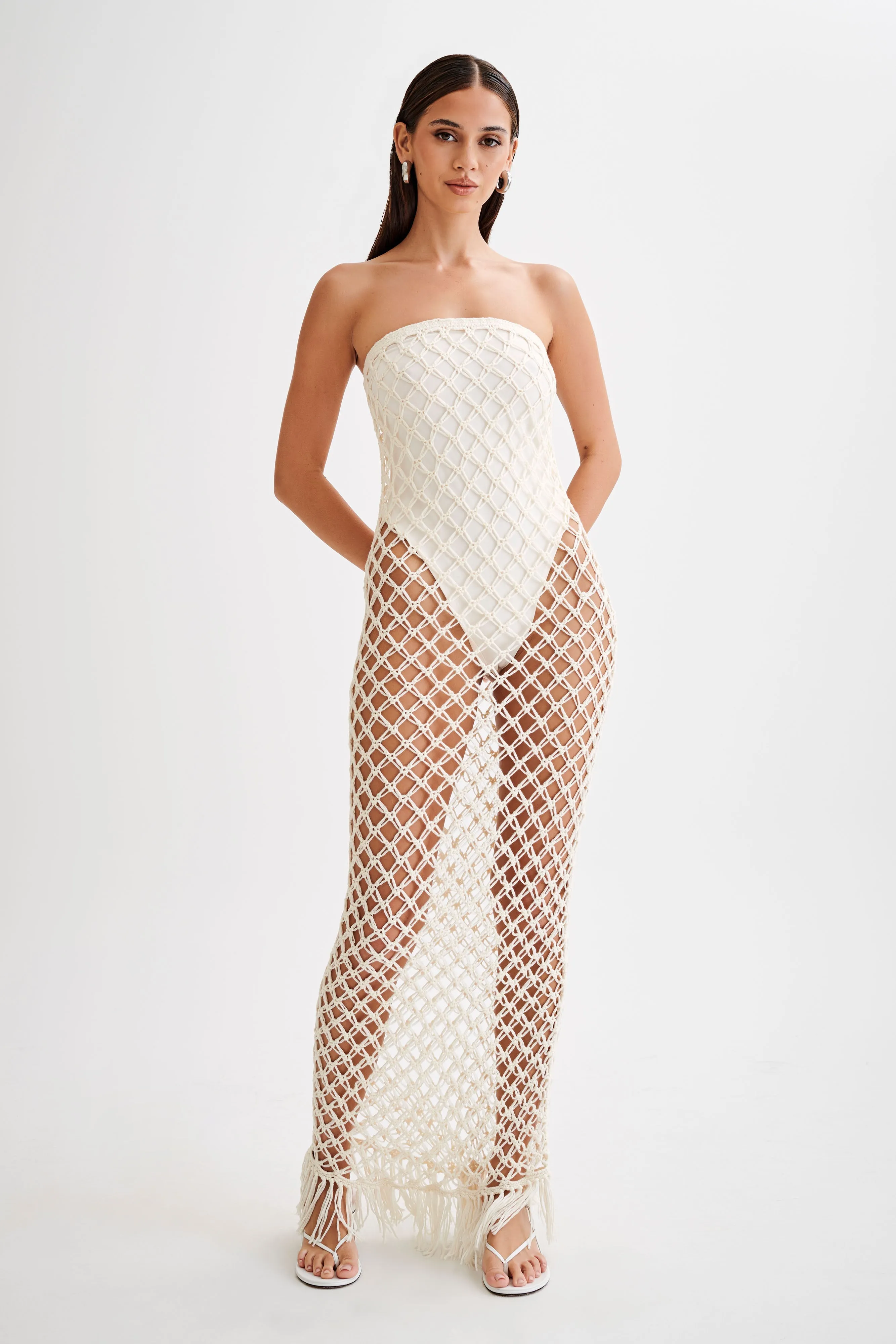 knee length dresses for ladies Strapless Bias Midi Dress in Buttercream | GINIA main image 1