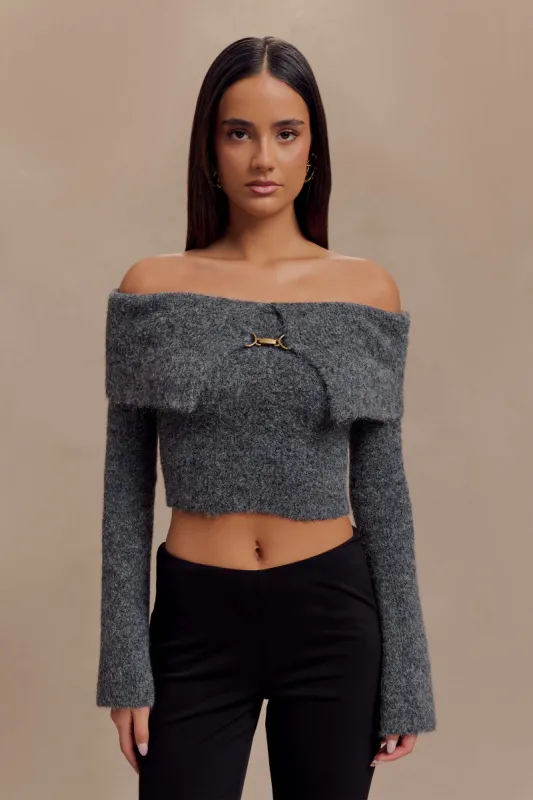 Baxter Off Shoulder Fluffy Knit Top - Charcoal sold by Meshki
