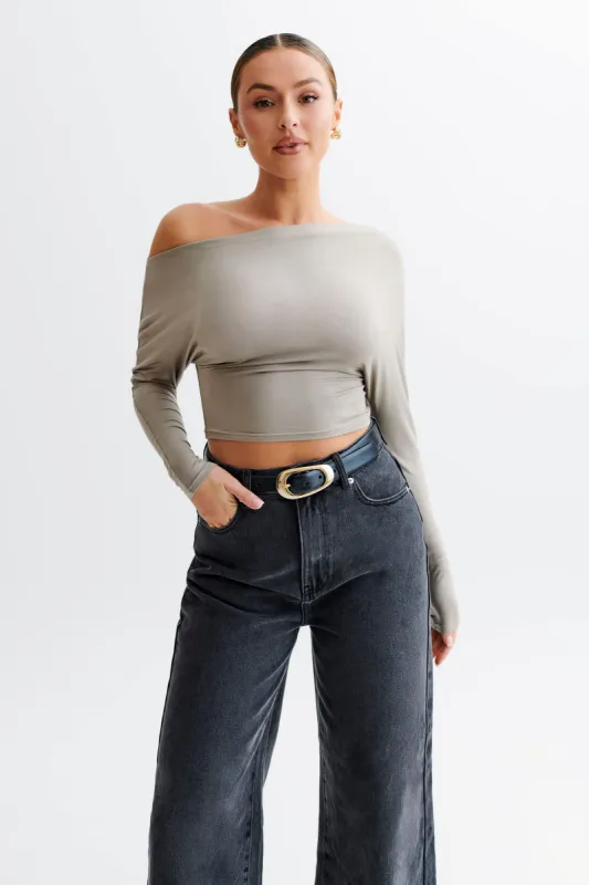 Yasmin Asymmetrical Modal Long Sleeve Top - Tawny Grey sold by Meshki