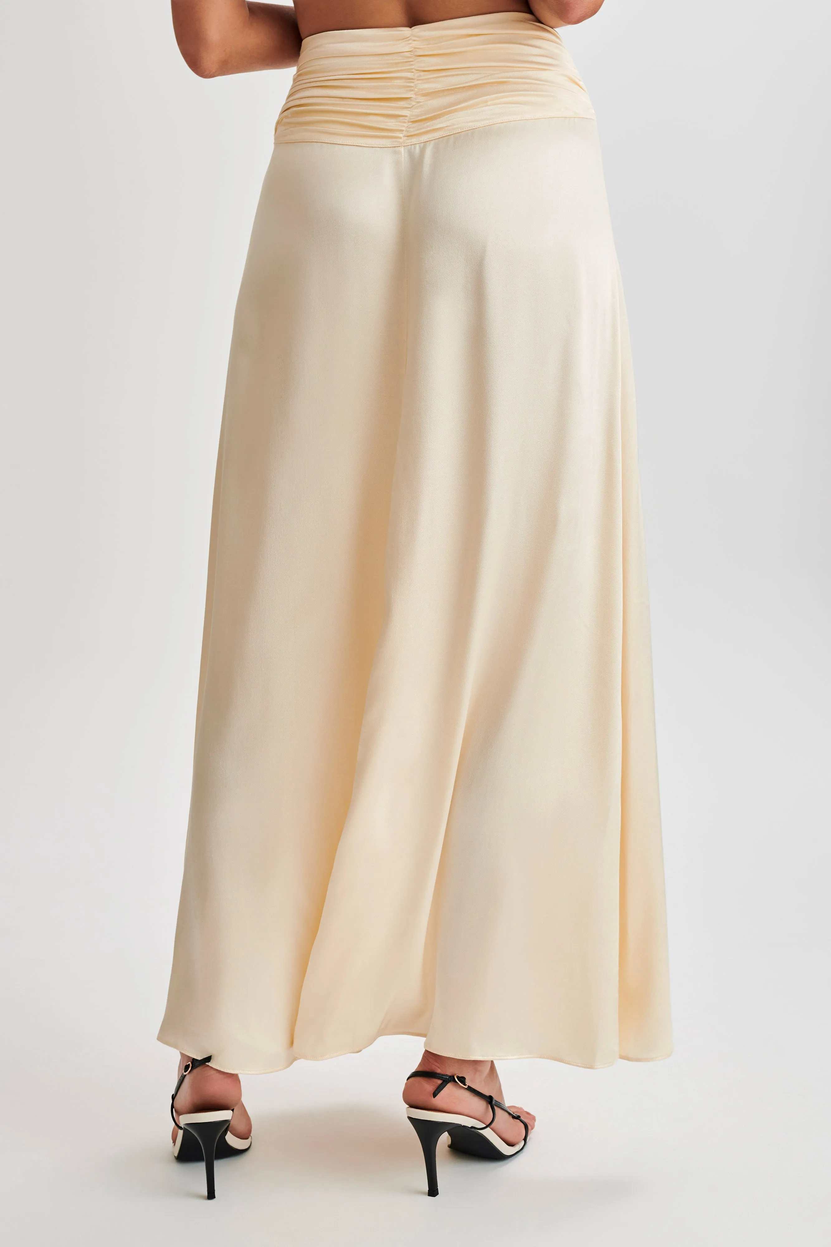 Clara Satin Ruched Maxi Skirt - Buttercream sold by Meshki product image thumbnail 4