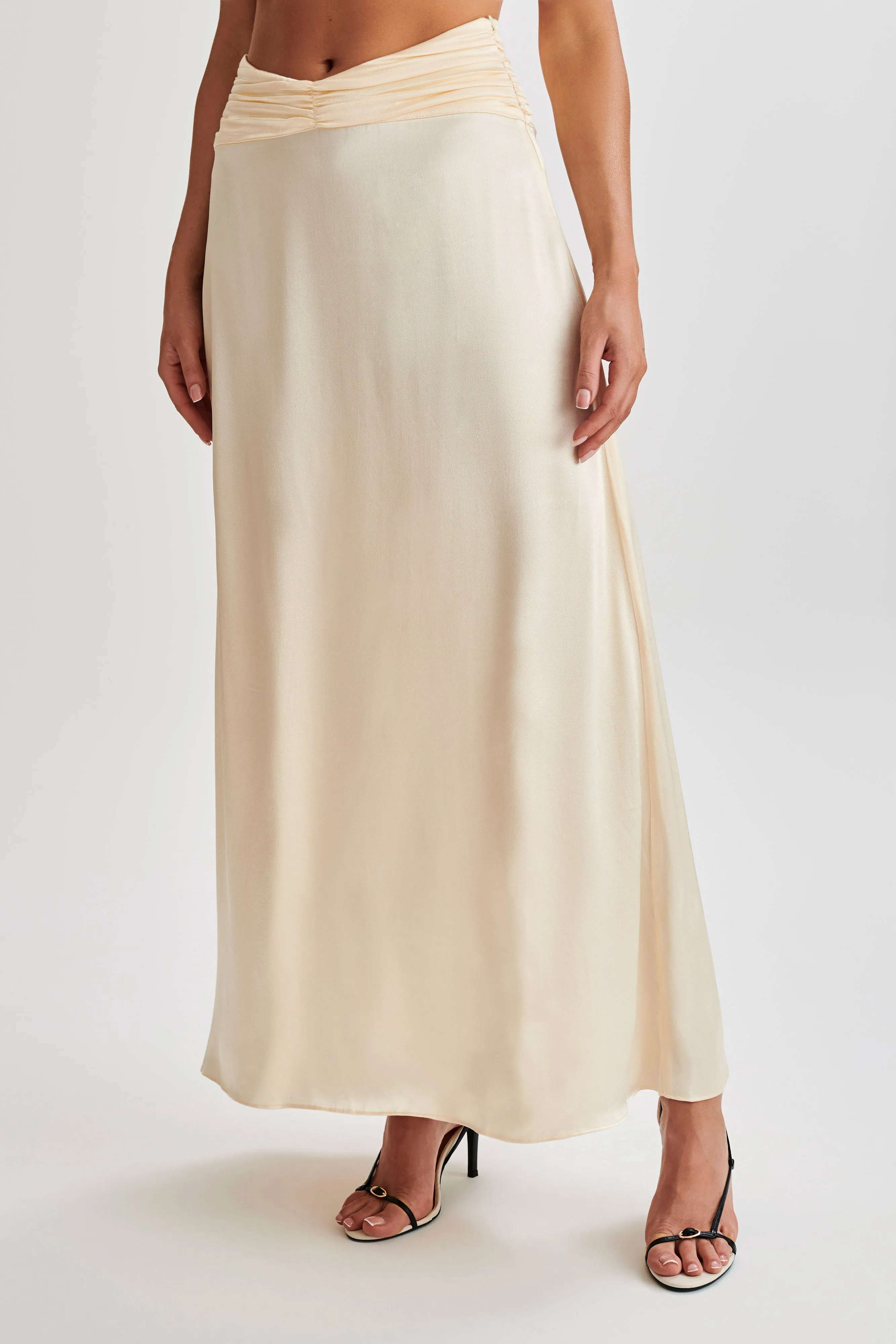 Clara Satin Ruched Maxi Skirt - Buttercream sold by Meshki product image thumbnail 3