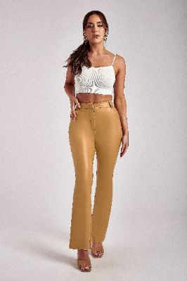 Tyra Straight Leg Faux Leather Pants - Tan sold by Meshki