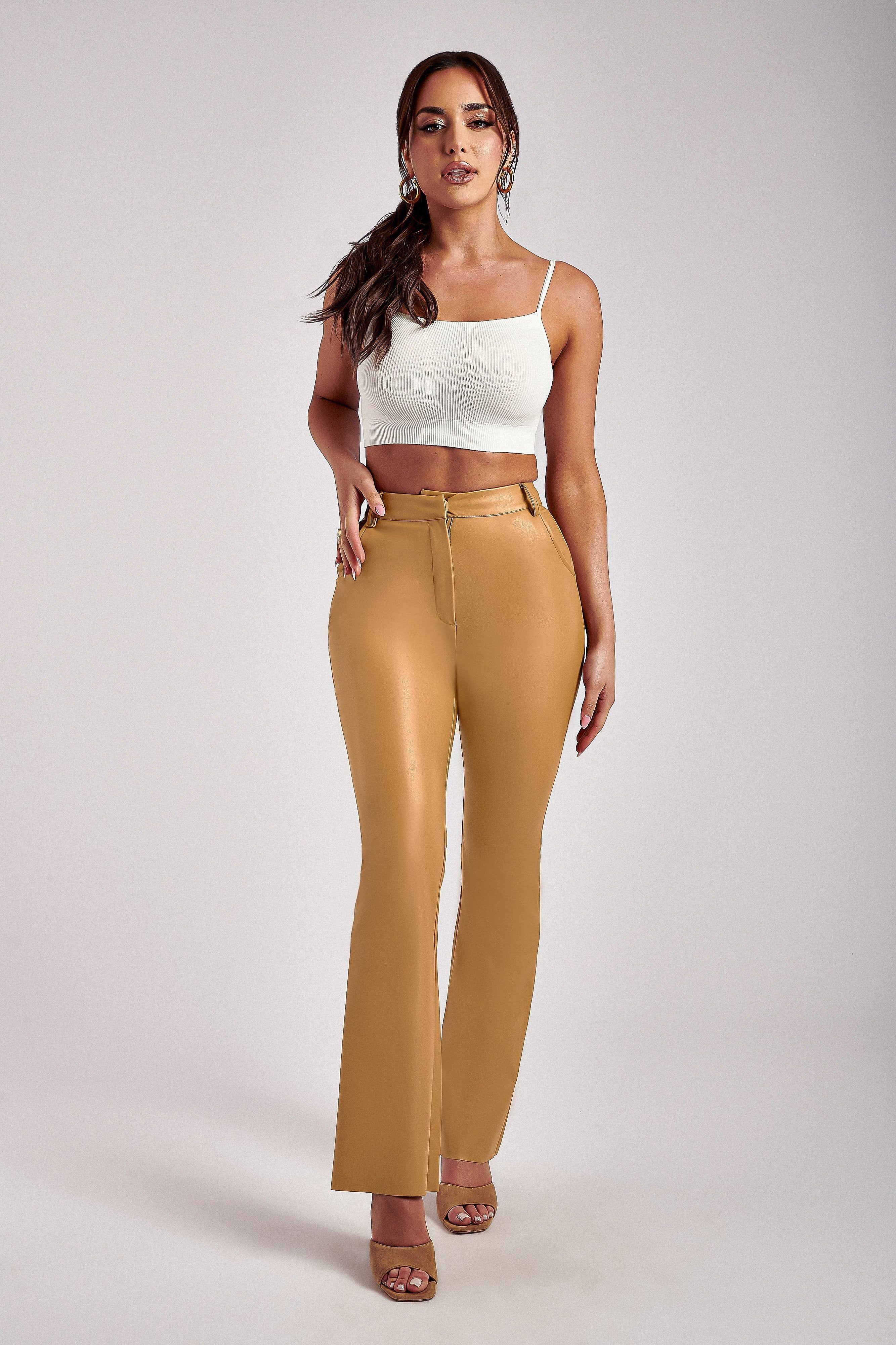 Tyra Straight Leg Faux Leather Pants - Tan sold by Meshki