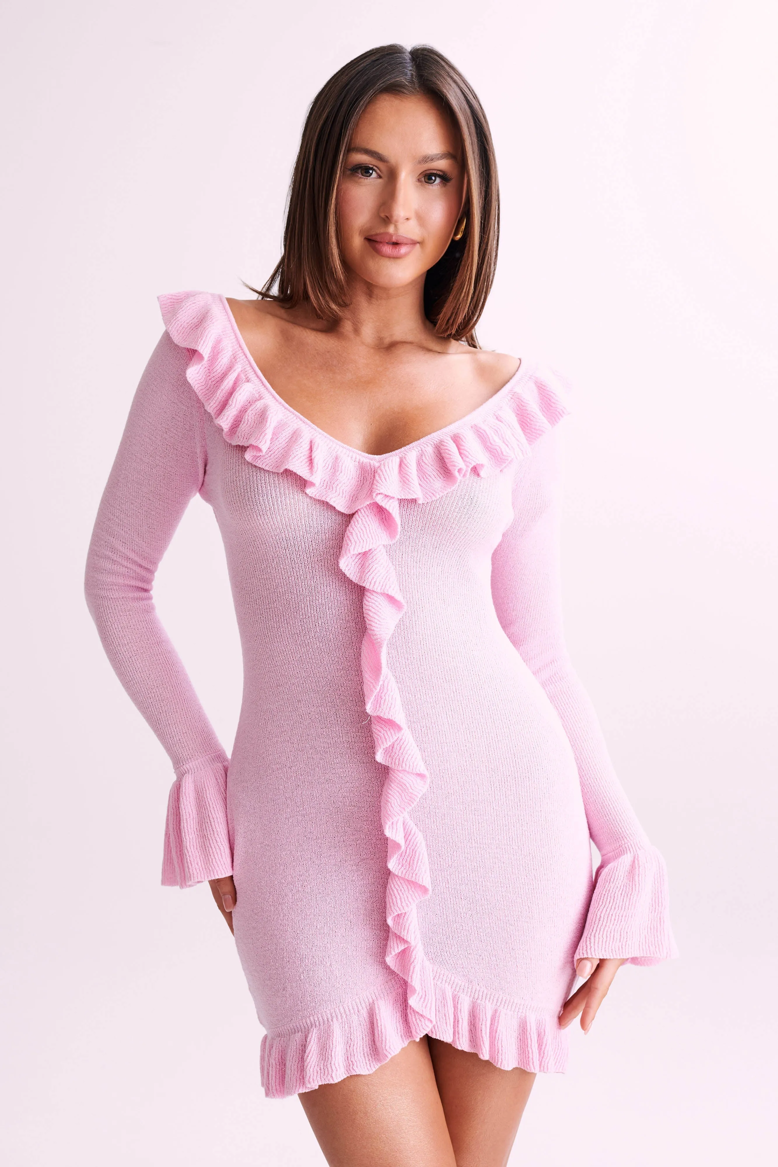 Karolina Knit Mini Dress With Frill - Blush Pink sold by Meshki product image thumbnail 3