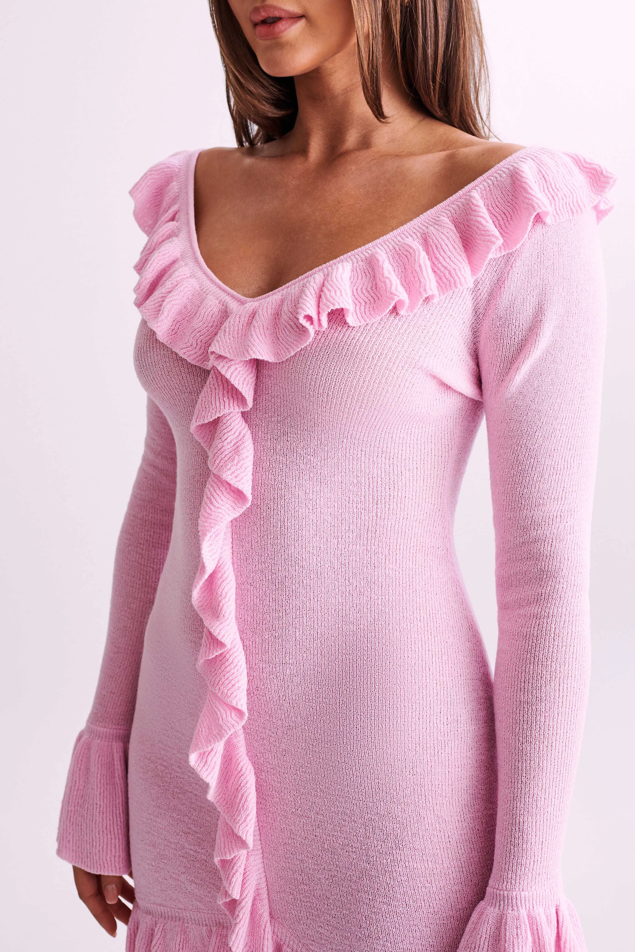 Karolina Knit Mini Dress With Frill - Blush Pink sold by Meshki product image thumbnail 4