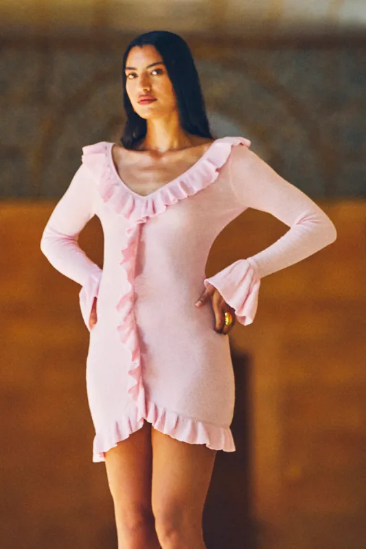 Karolina Knit Mini Dress With Frill - Blush Pink sold by Meshki