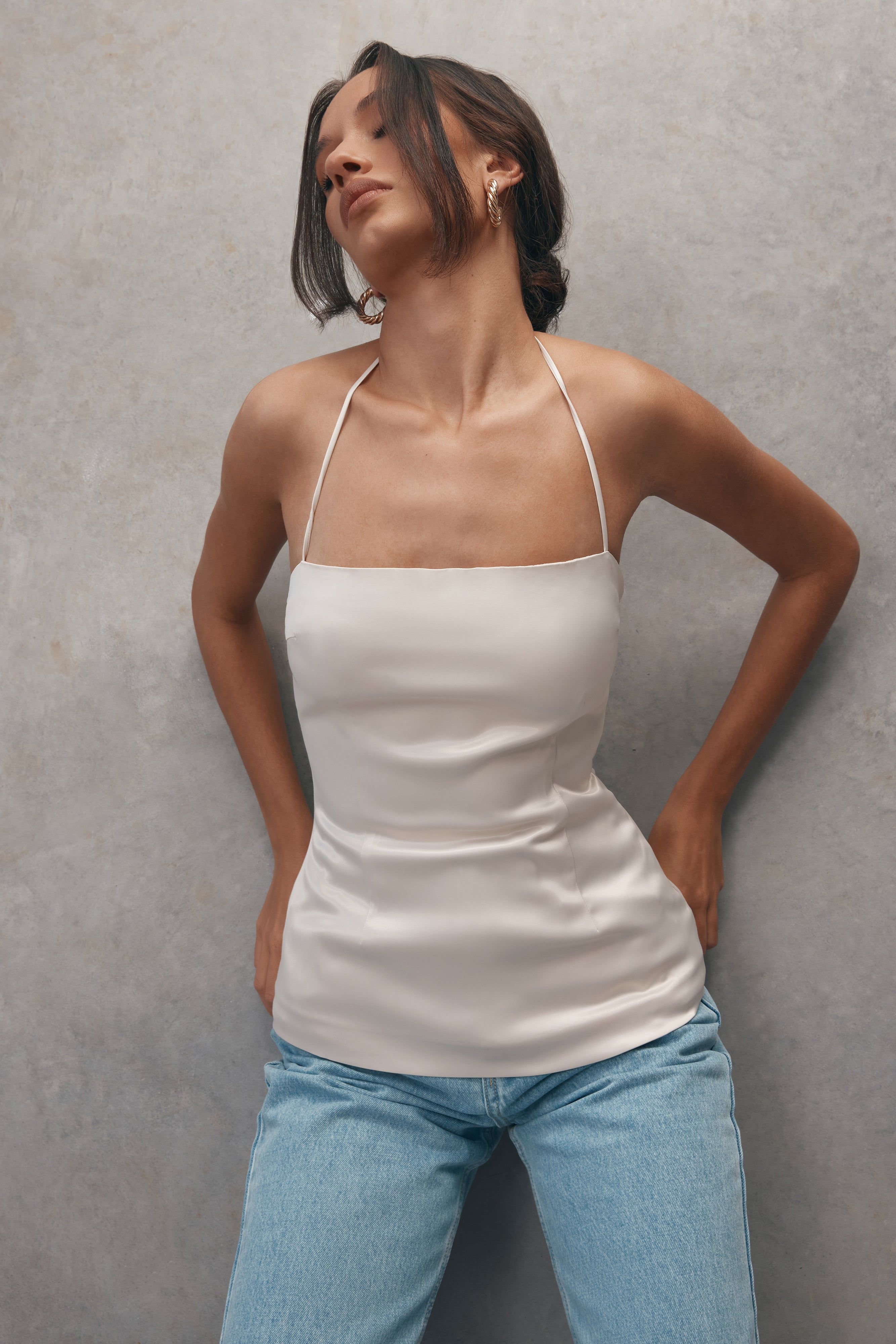Noemi Longline Satin Halter Neck Top - Ivory sold by Meshki product image thumbnail 3