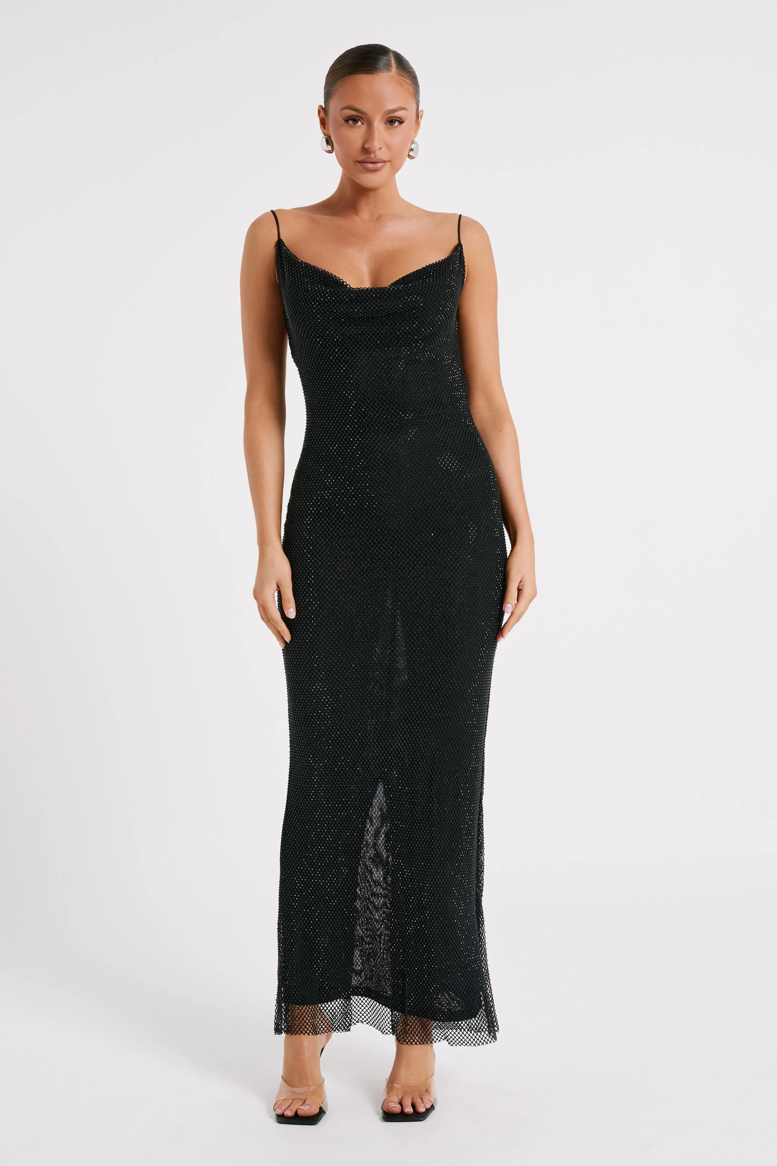 Madelaine Diamante Mesh Cowl Maxi Dress - Black sold by Meshki product image thumbnail 4