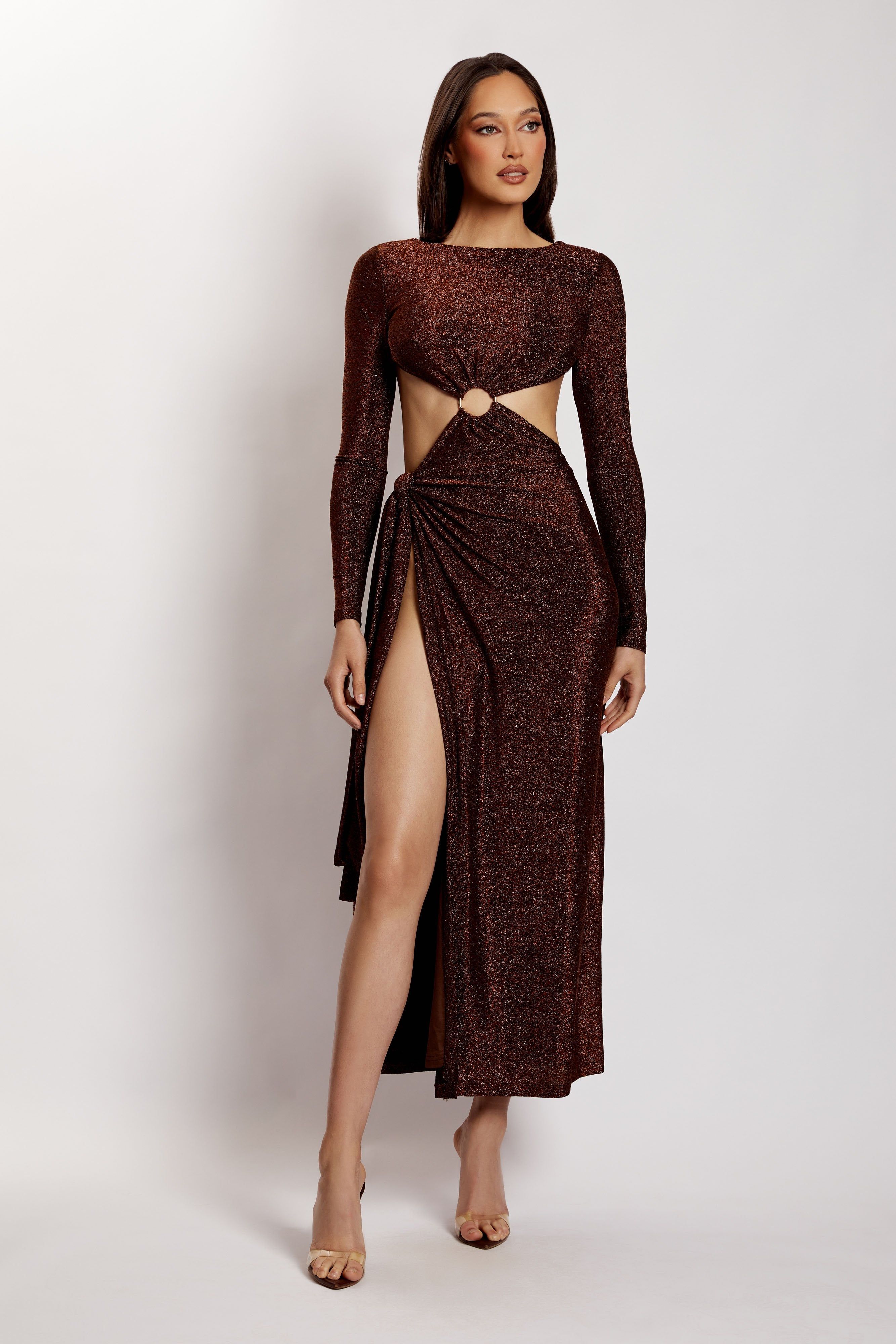 Christina Backless Maxi Wrap Dress - Chocolate Shimmer sold by Meshki product image thumbnail 9