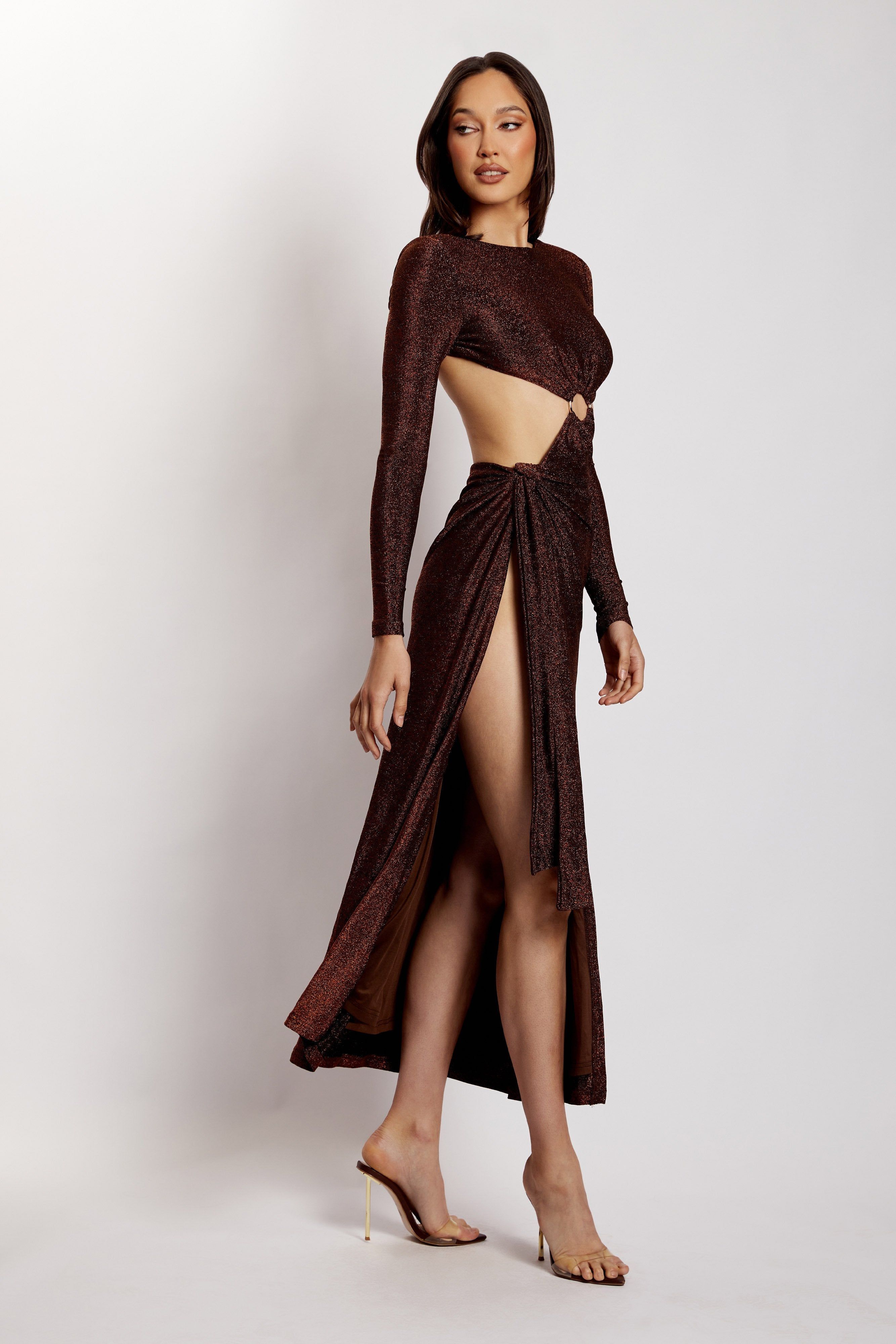 Christina Backless Maxi Wrap Dress - Chocolate Shimmer sold by Meshki product image thumbnail 6