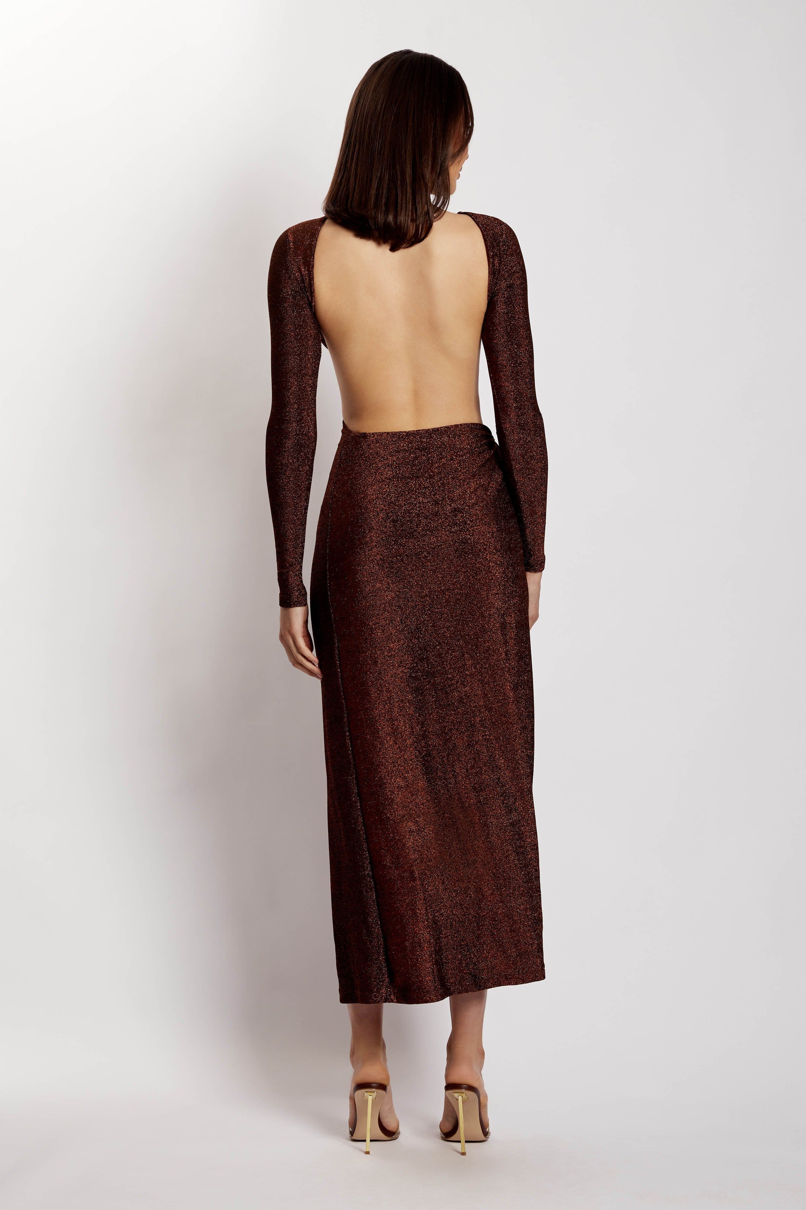 Christina Backless Maxi Wrap Dress - Chocolate Shimmer sold by Meshki product image thumbnail 10