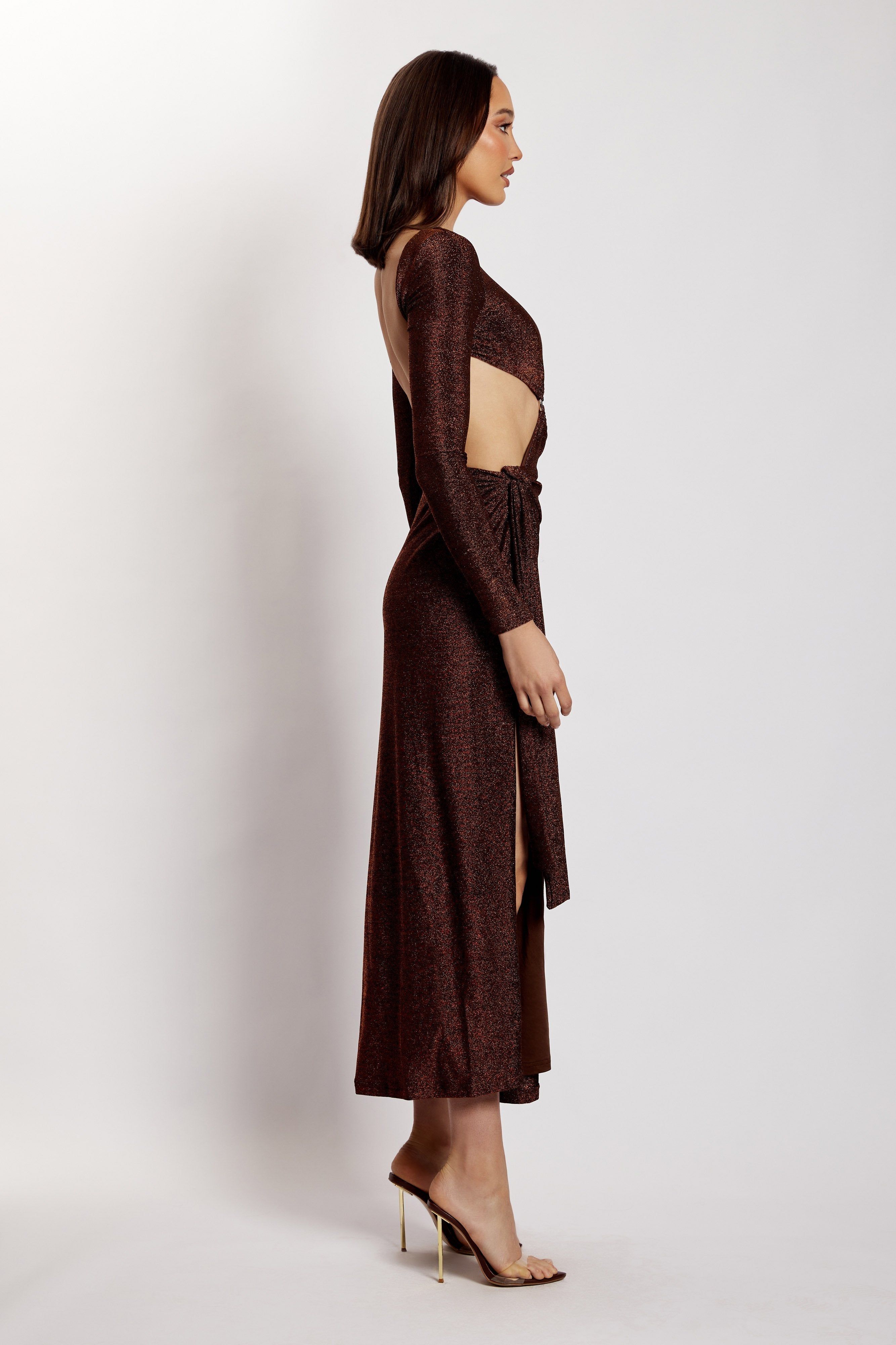 Christina Backless Maxi Wrap Dress - Chocolate Shimmer sold by Meshki product image thumbnail 8