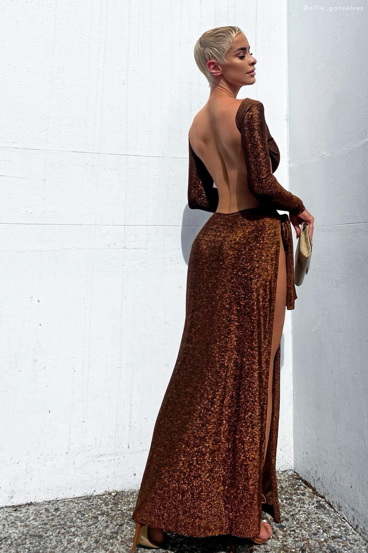 Christina Backless Maxi Wrap Dress - Chocolate Shimmer sold by Meshki product image thumbnail 2