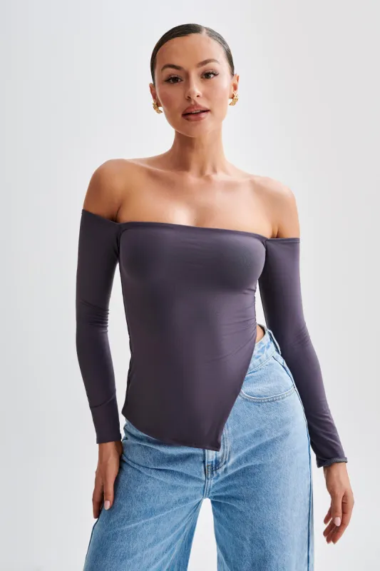 Carmen Recycled Nylon Off Shoulder Top - Charcoal sold by Meshki