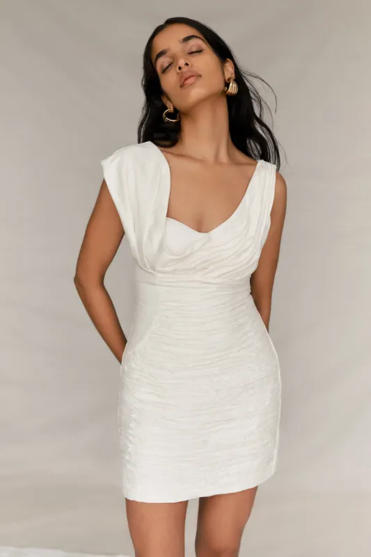 Farrah Structured Draped Mini Dress - White sold by Meshki