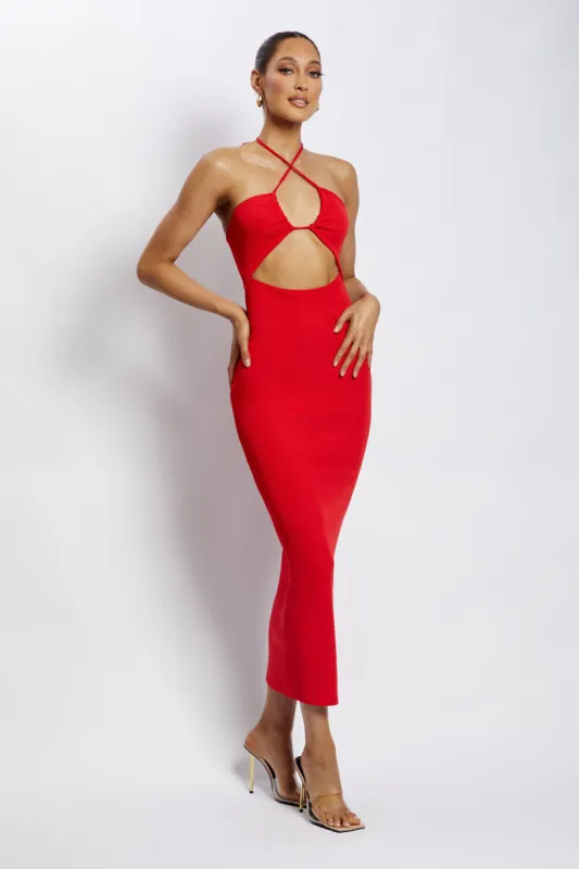 Maddie Ribbed Drawstring Maxi Dress - Red sold by Meshki
