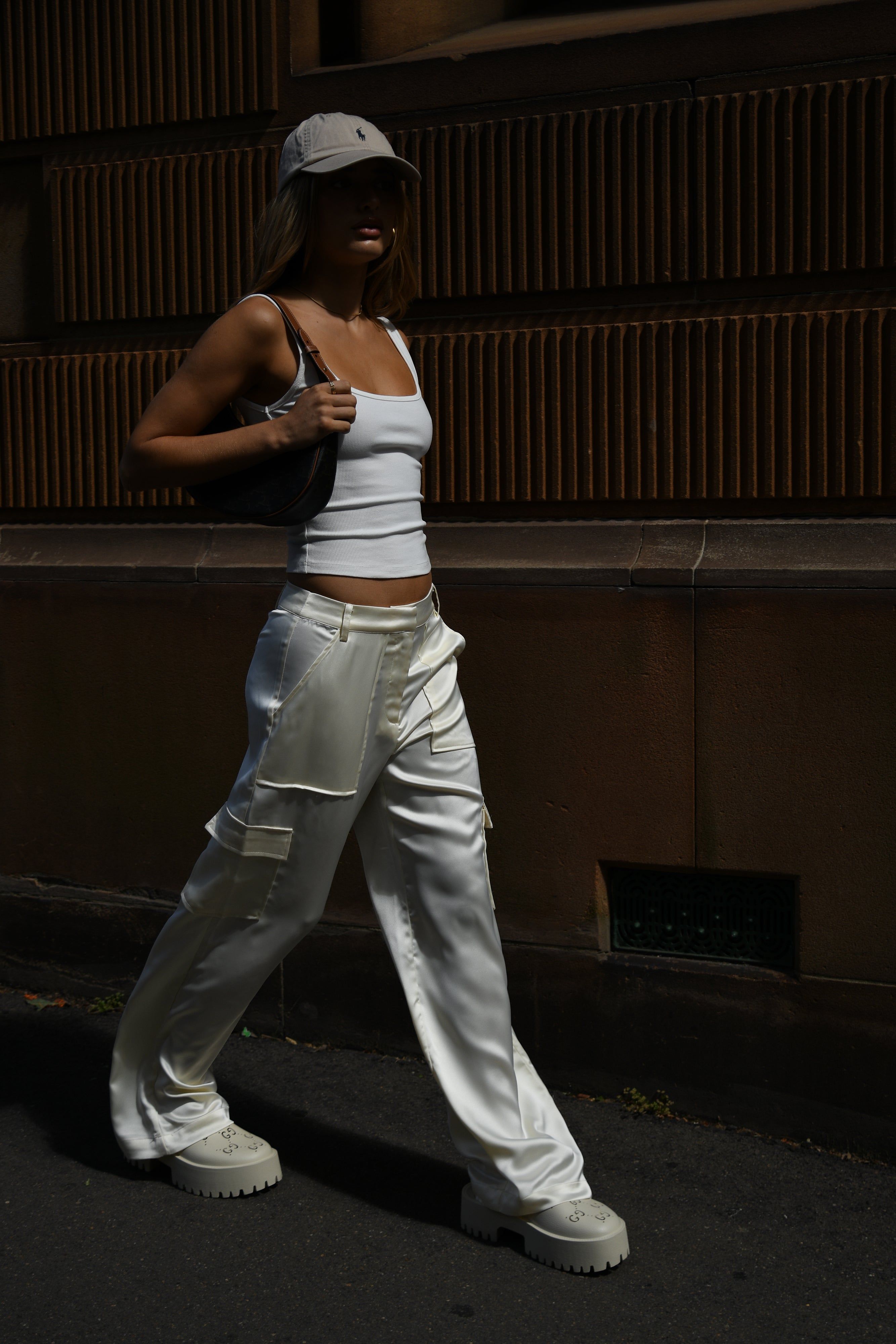 Amaya Satin Cargo Pant - Bone sold by Meshki