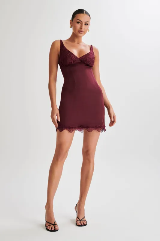Alondra Satin Mini Dress With Lace - Plum sold by Meshki