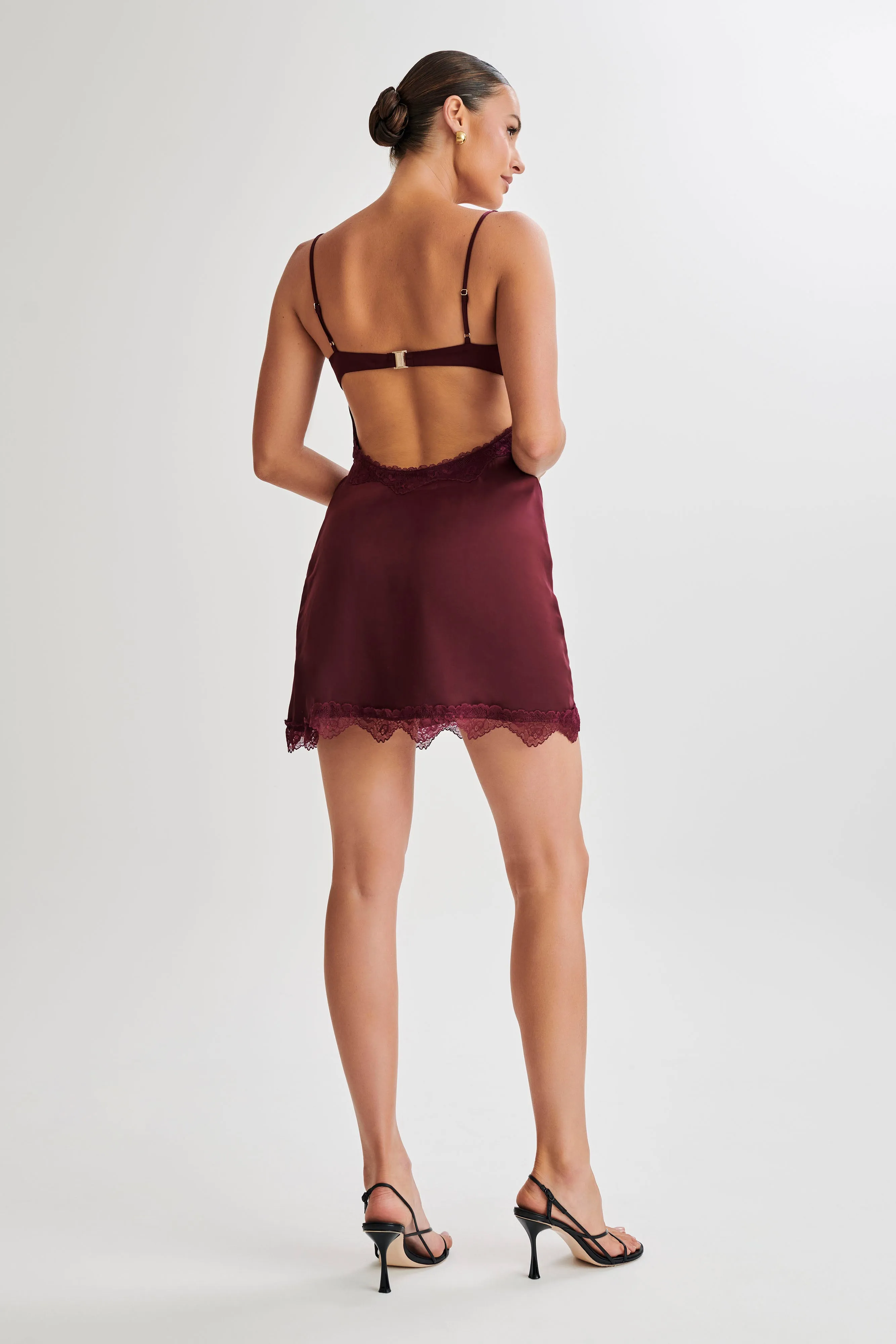 Alondra Satin Mini Dress With Lace - Plum sold by Meshki product image thumbnail 3