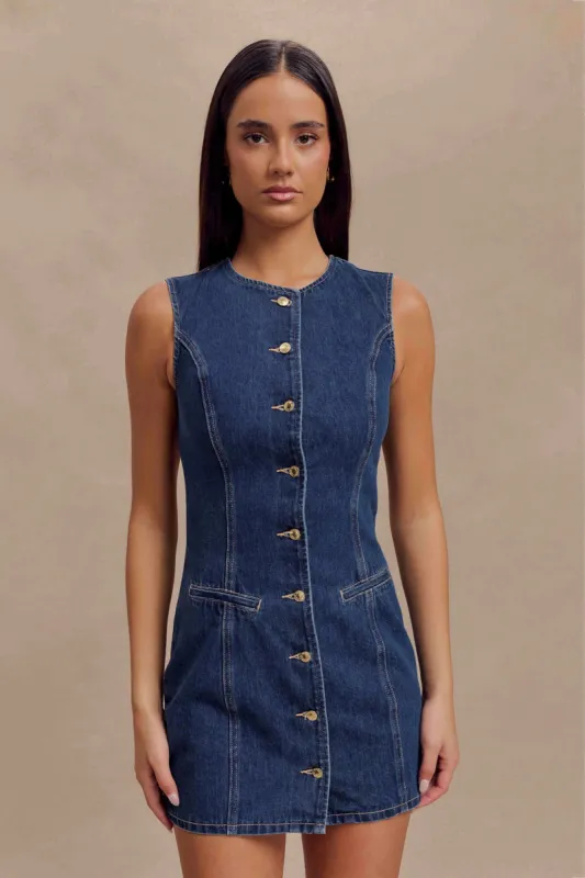 Jane Button Down Denim Mini Dress - Dark Blue sold by Meshki