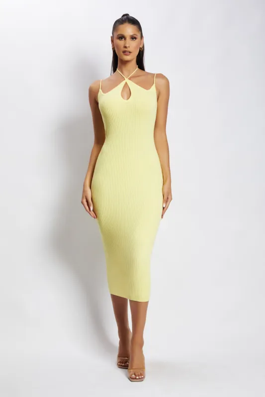 Leslie Two Strap Detail Knit Midi Dress - Yellow sold by Meshki