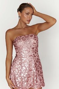 Everleigh Strapless Sequin Mini Dress - Blush Pink sold by Meshki
