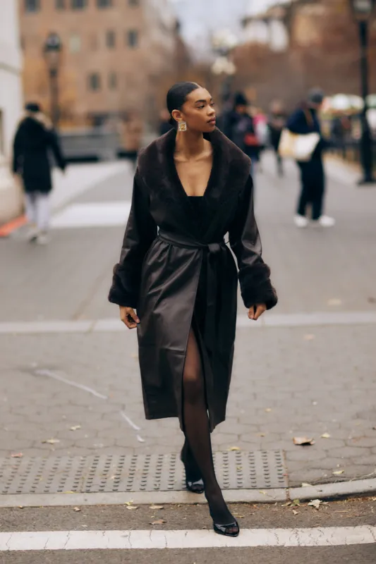 Rebekah Oversized Pu Trench Coat With Fur Trim - Dark Brown sold by Meshki