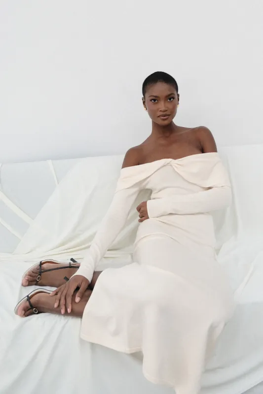 Odyssey Off Shoulder Knit Maxi Dress - Ivory sold by Meshki
