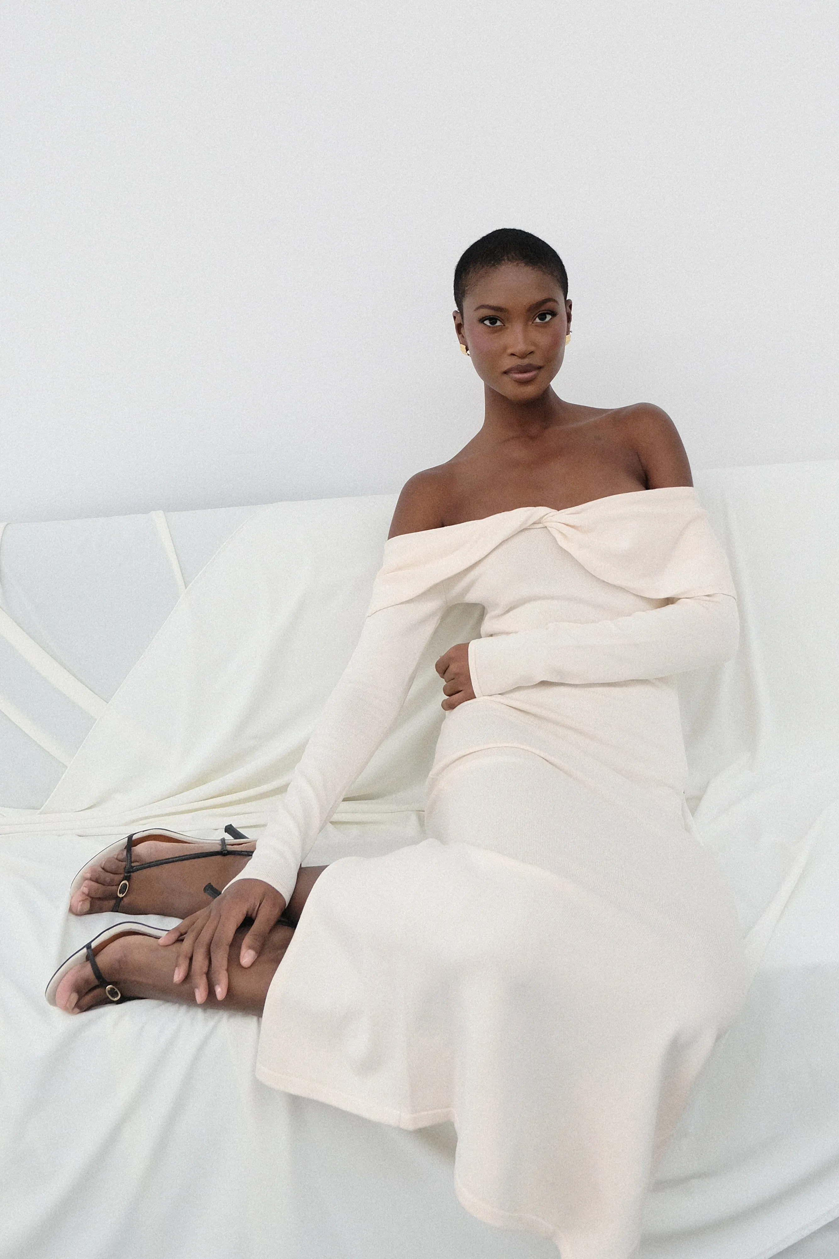 Odyssey Off Shoulder Knit Maxi Dress - Ivory sold by Meshki