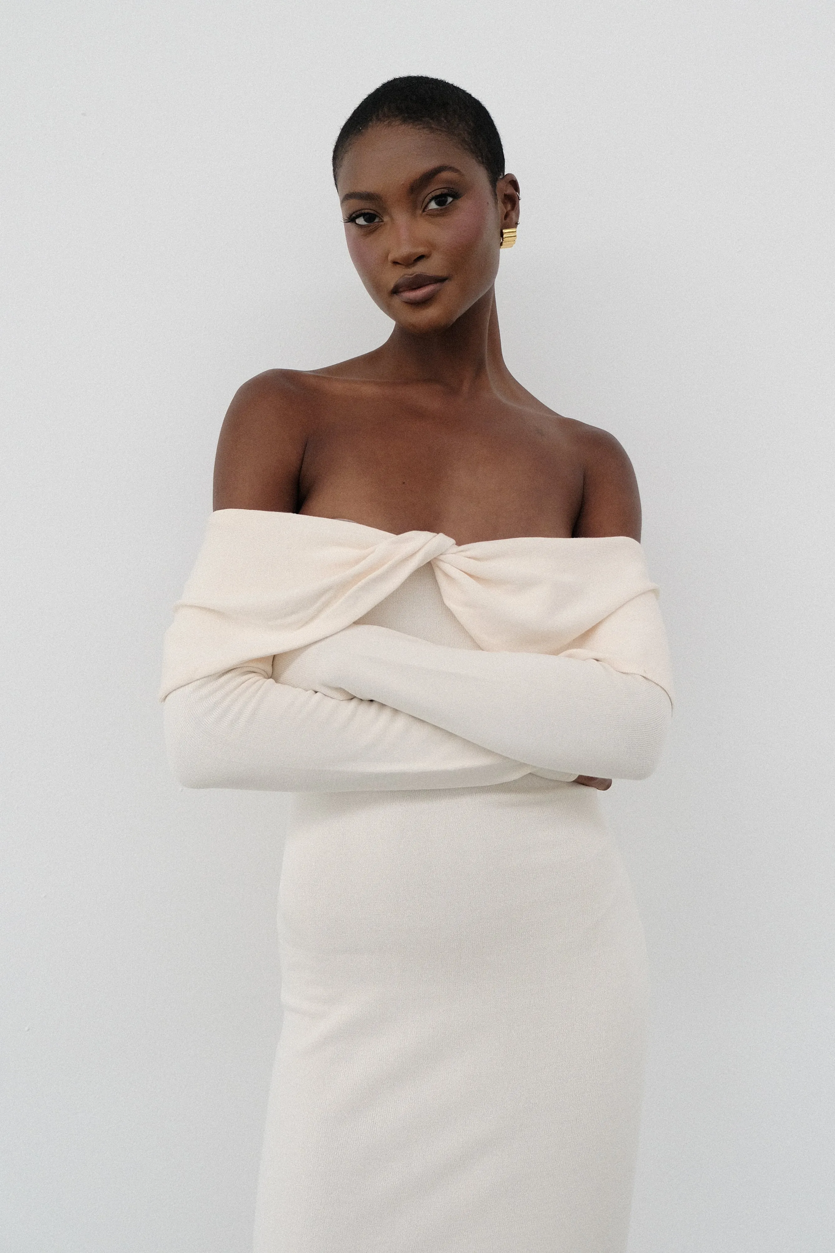 Odyssey Off Shoulder Knit Maxi Dress - Ivory sold by Meshki product image thumbnail 3