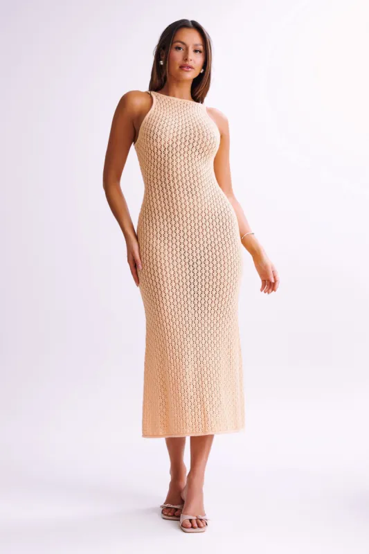 Cordelia Crochet Fishtail Midi Dress - Apricot sold by Meshki
