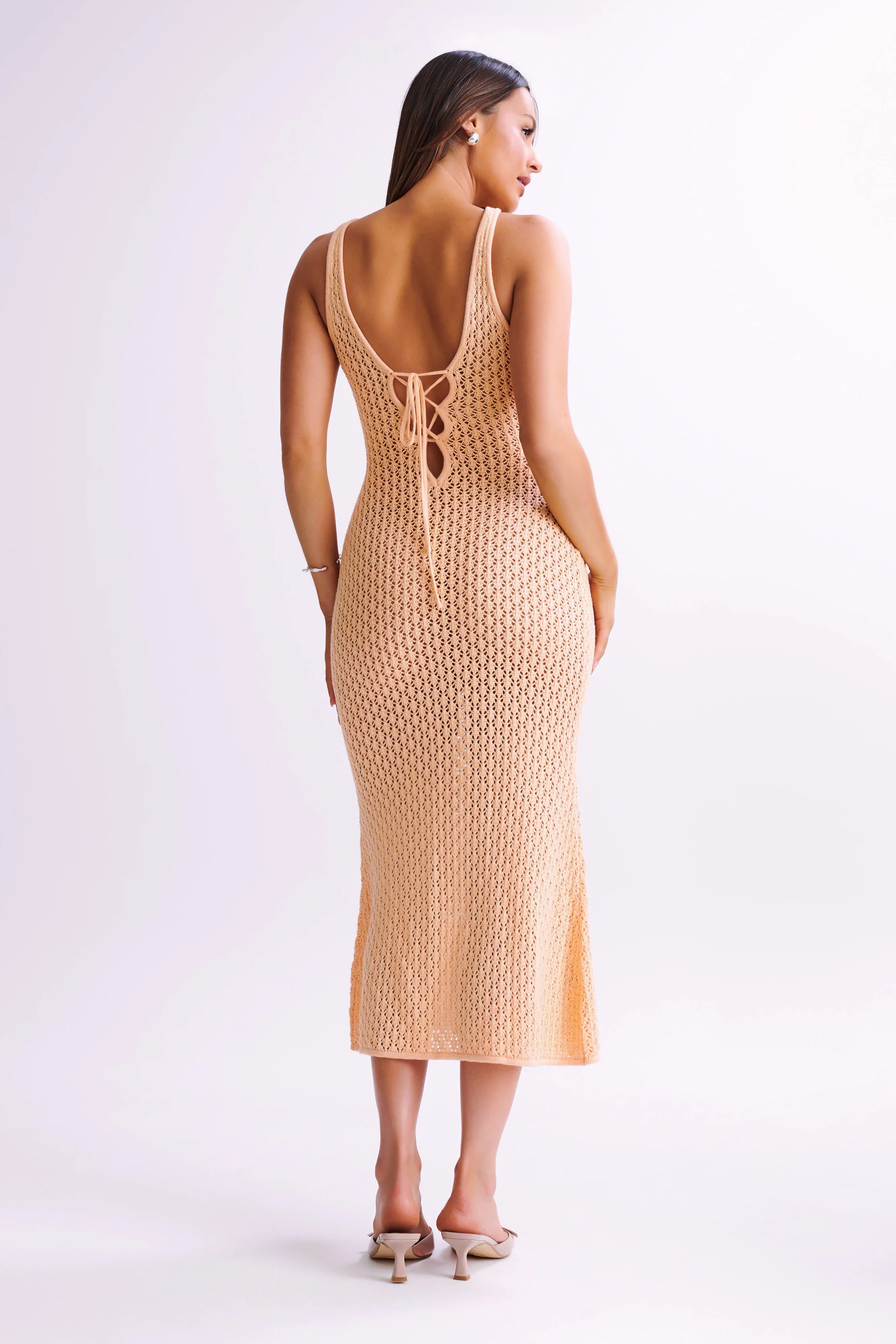 Cordelia Crochet Fishtail Midi Dress - Apricot sold by Meshki product image thumbnail 5