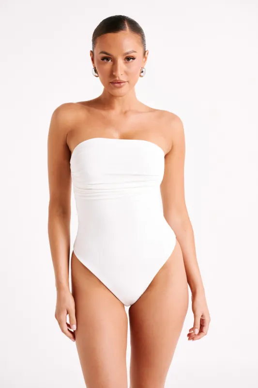 Romina Recycled Nylon Ruched Bodysuit - White sold by Meshki