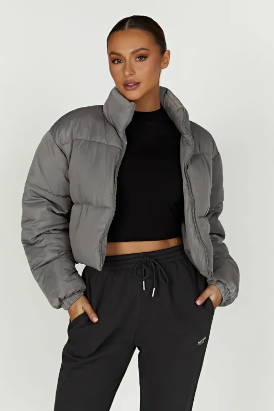 Myranda Recycled Cropped Puffer Jacket - Charcoal sold by Meshki