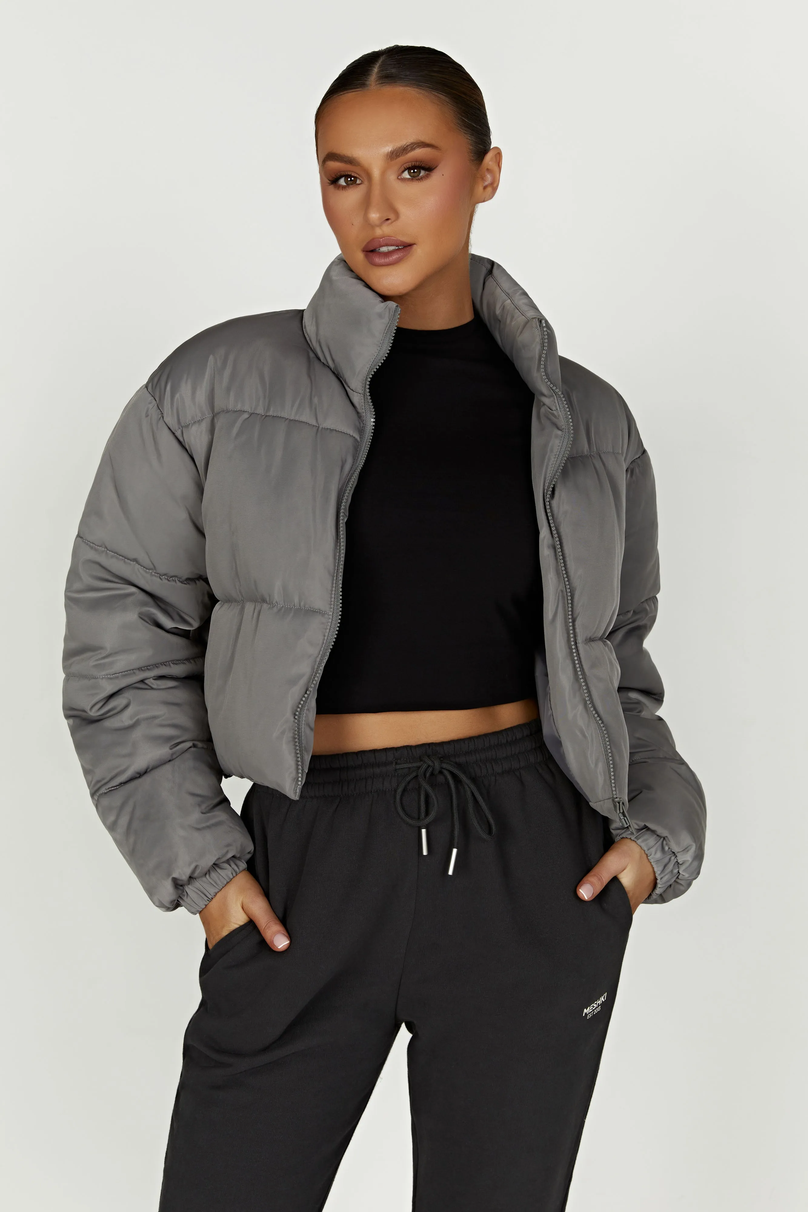 Myranda Recycled Cropped Puffer Jacket - Charcoal sold by Meshki