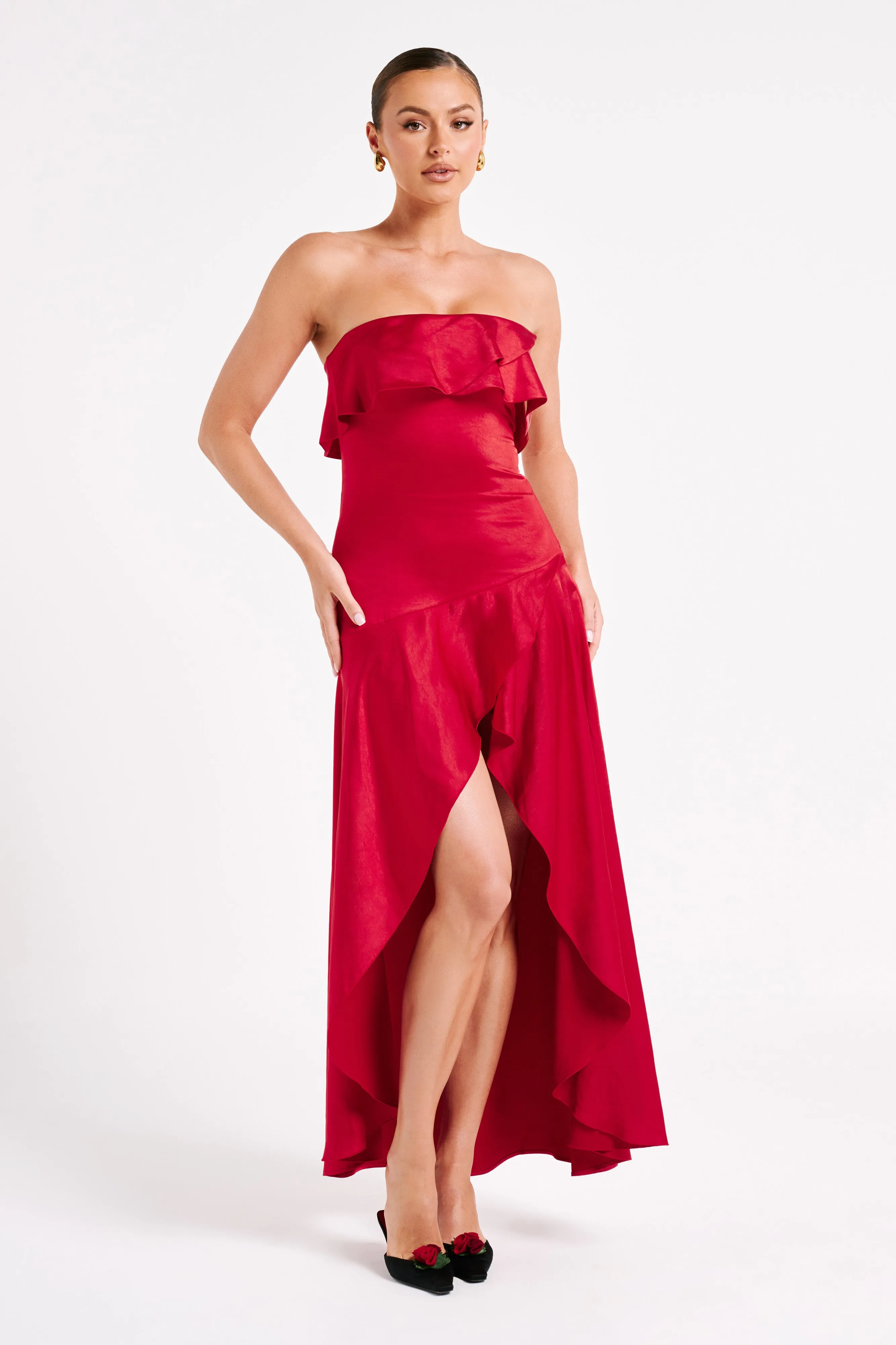 Sulianna Strapless Ruffle Midi Dress - Vermilion Red sold by Meshki