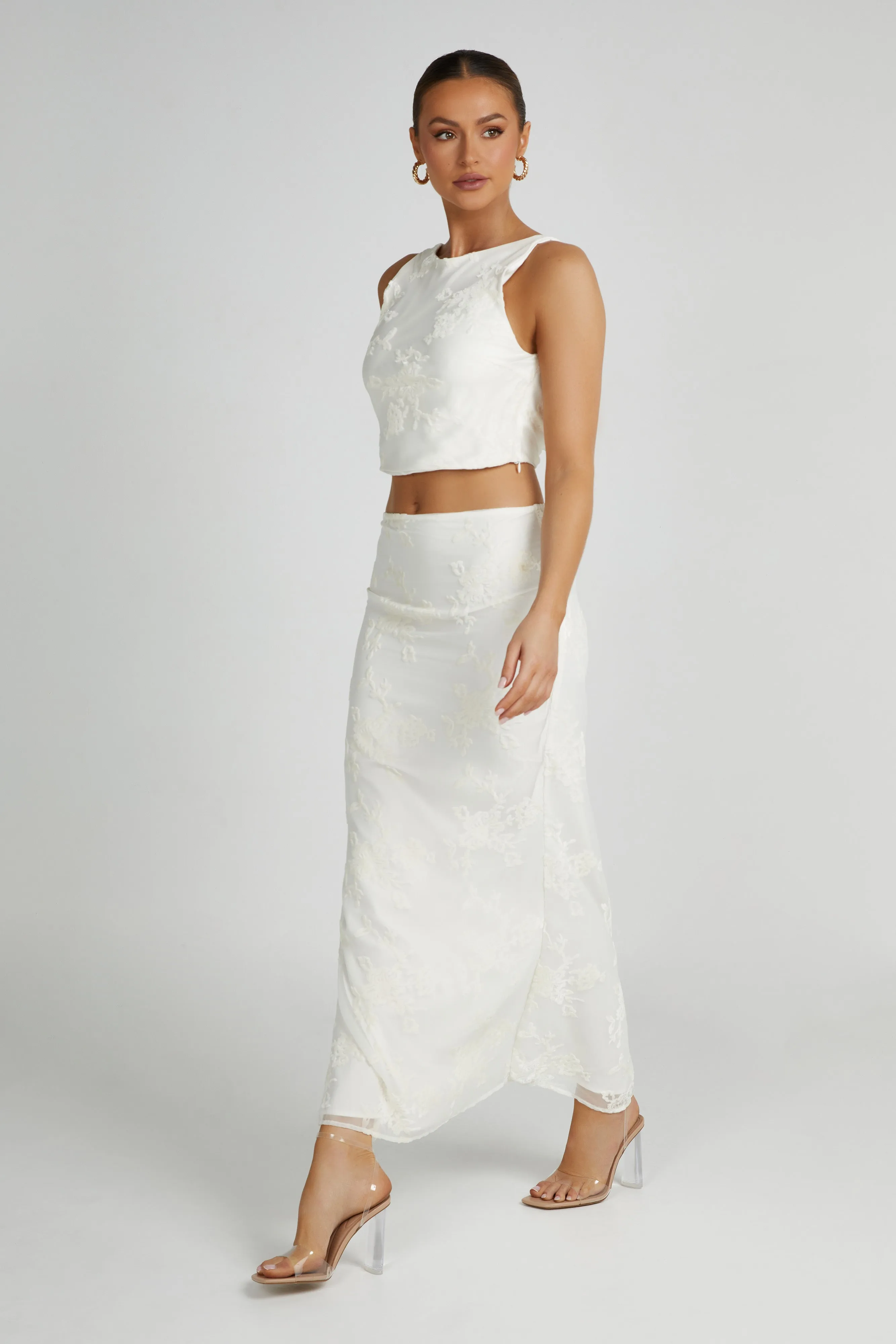 Mona Burnout Velvet Maxi Skirt - White sold by Meshki product image thumbnail 4