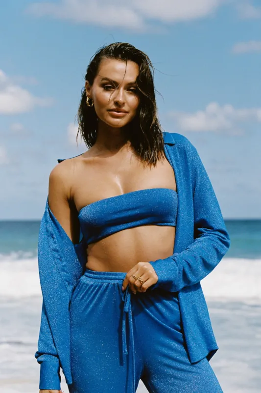 Lucille Shimmer Cover Up Top - Cobalt Sparkle sold by Meshki