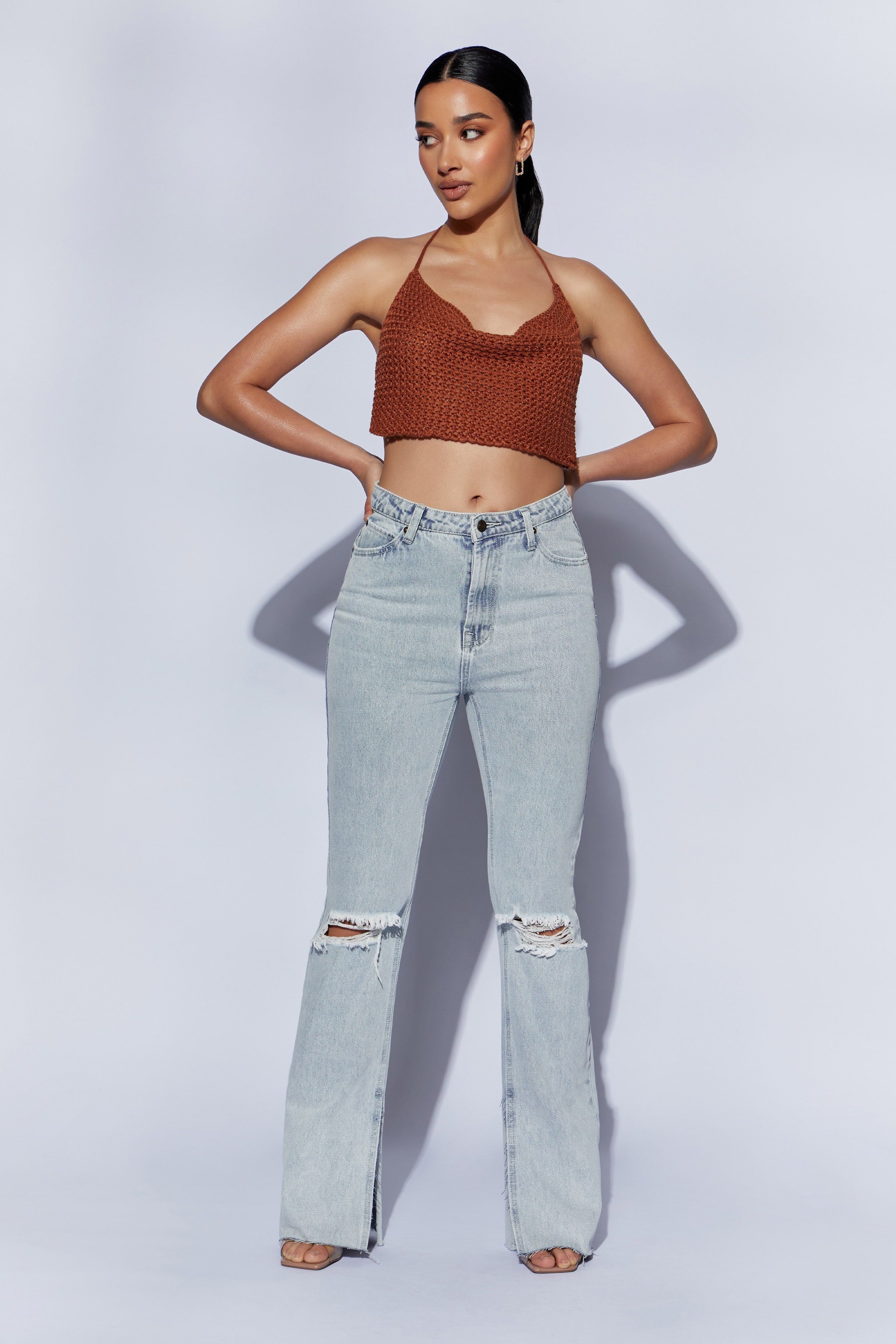 Alicia Cowl Neck Crochet Crop Top - Biscuit sold by Meshki product image thumbnail 3