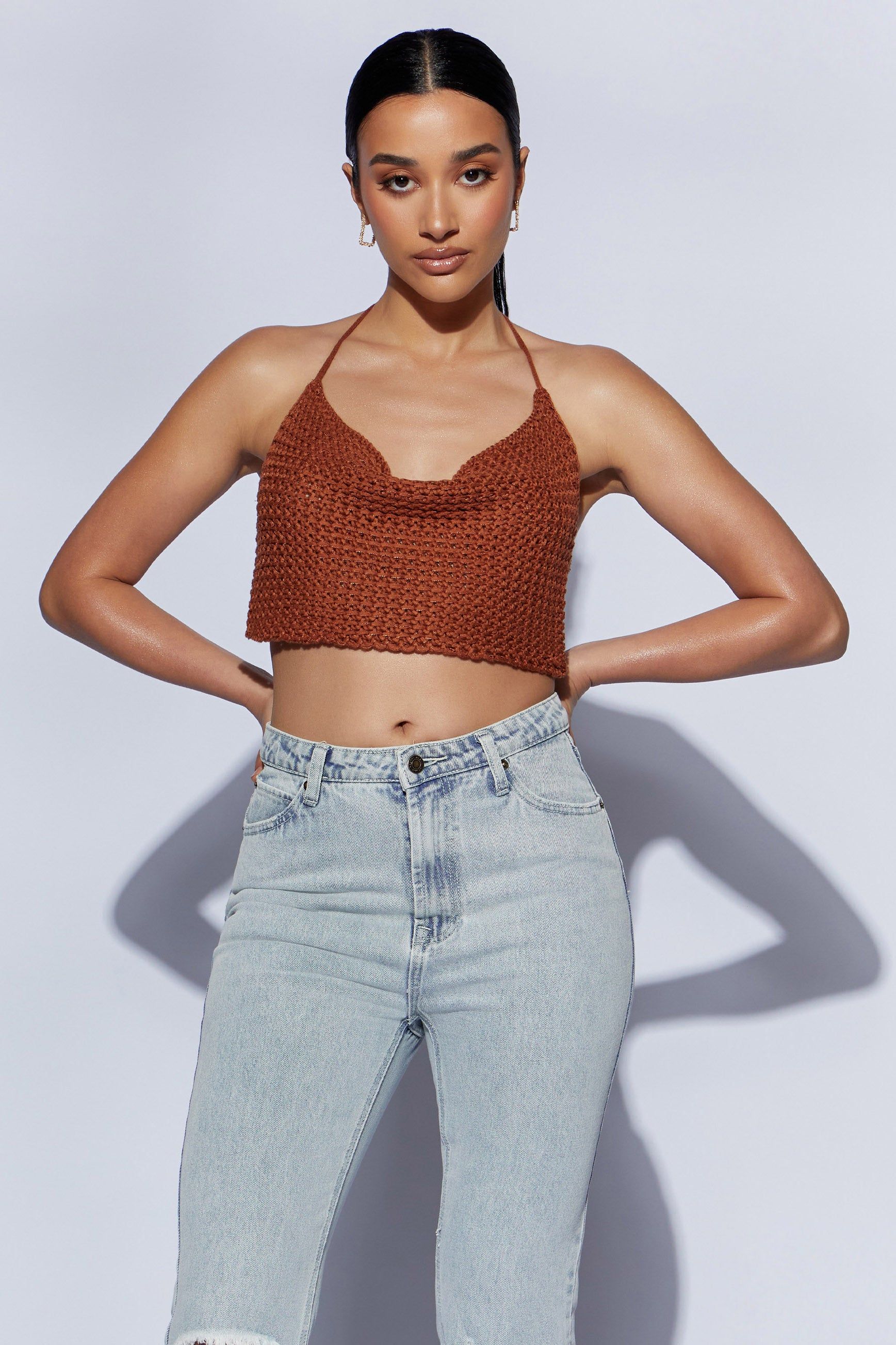 Alicia Cowl Neck Crochet Crop Top - Biscuit sold by Meshki product image thumbnail 4