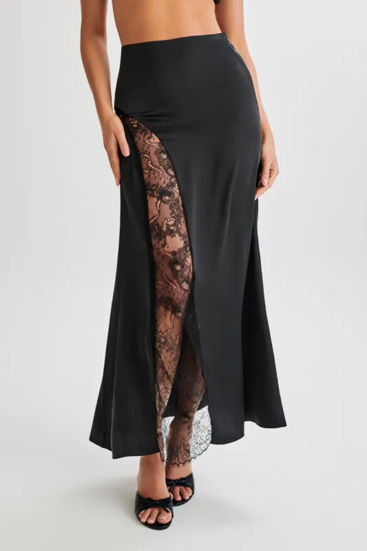 Luella Satin Lace Maxi Skirt - Black sold by Meshki