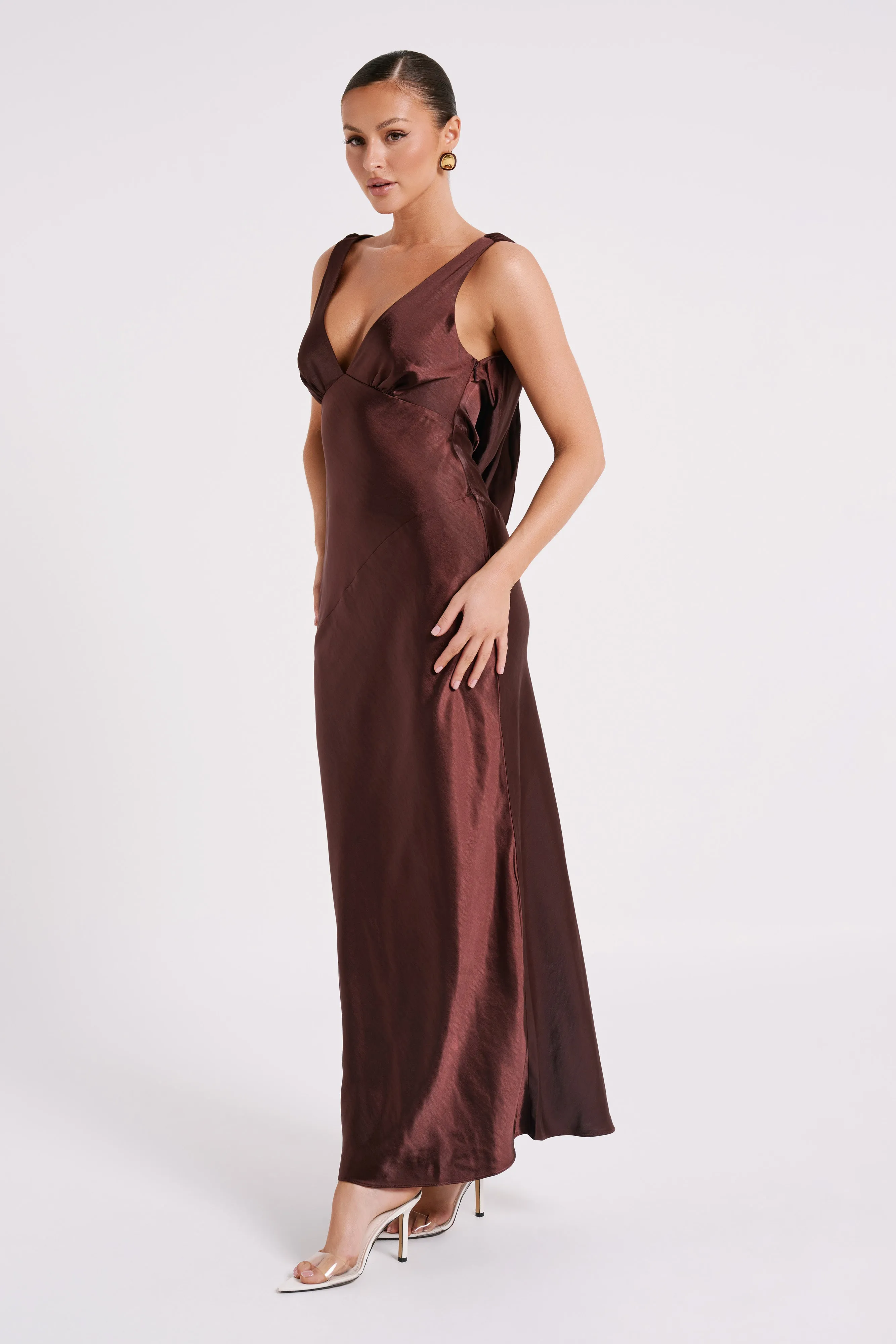 Nadia Maxi Satin Dress With Back Cowl - Dark Chocolate sold by Meshki product image thumbnail 5