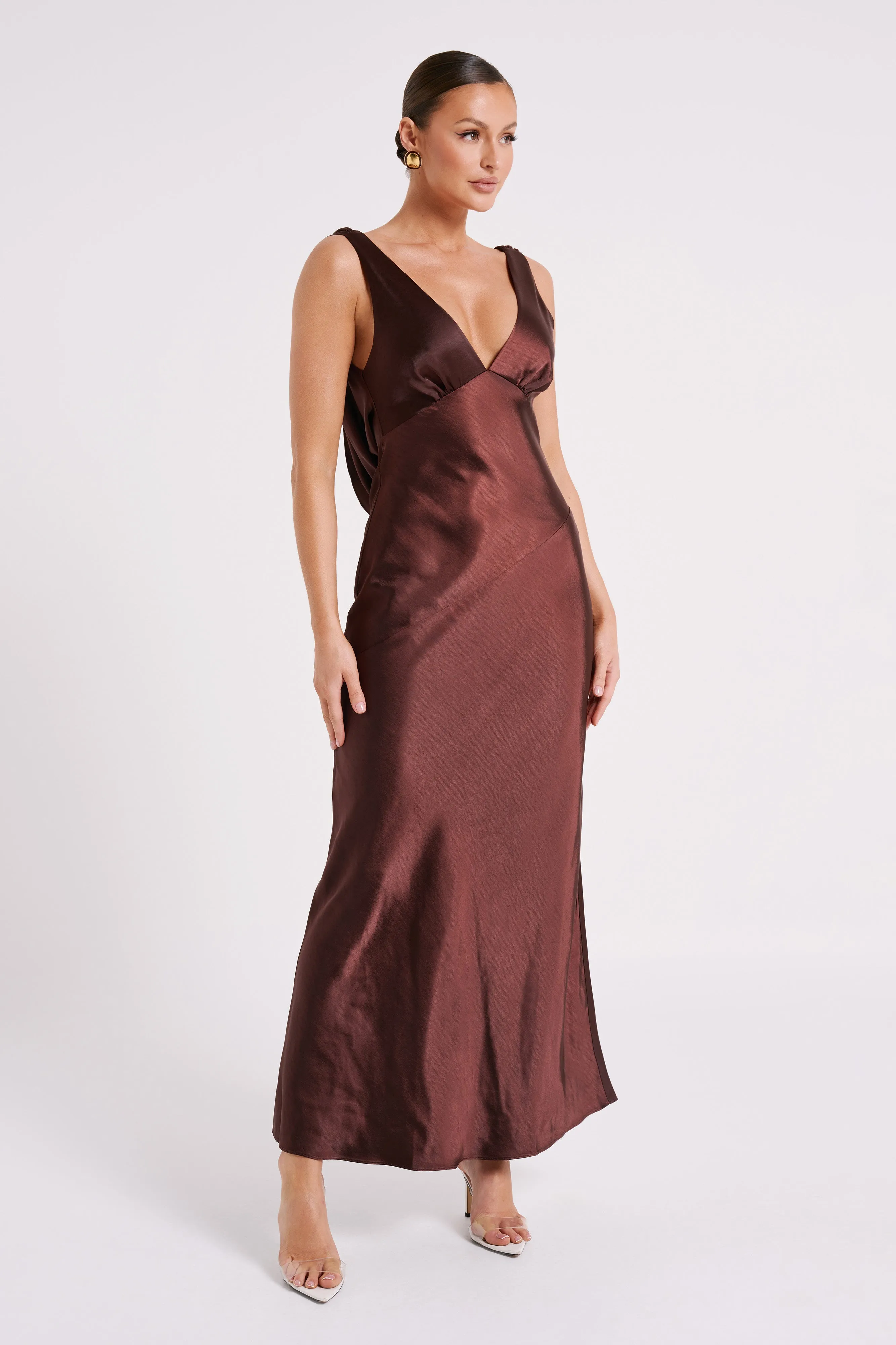 Nadia Maxi Satin Dress With Back Cowl - Dark Chocolate sold by Meshki product image thumbnail 4