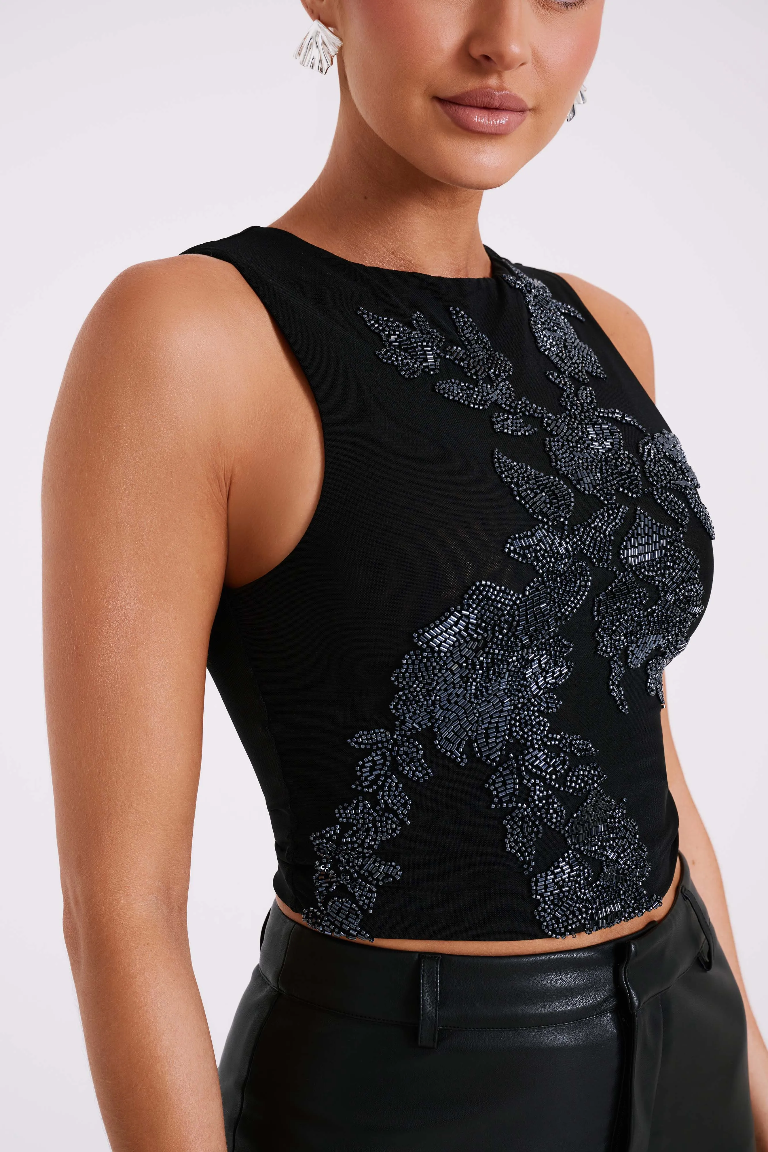 Luci Beaded Flower Mesh Top - Black sold by Meshki product image thumbnail 4