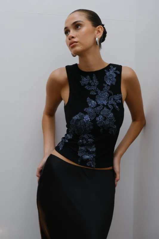 Luci Beaded Flower Mesh Top - Black sold by Meshki